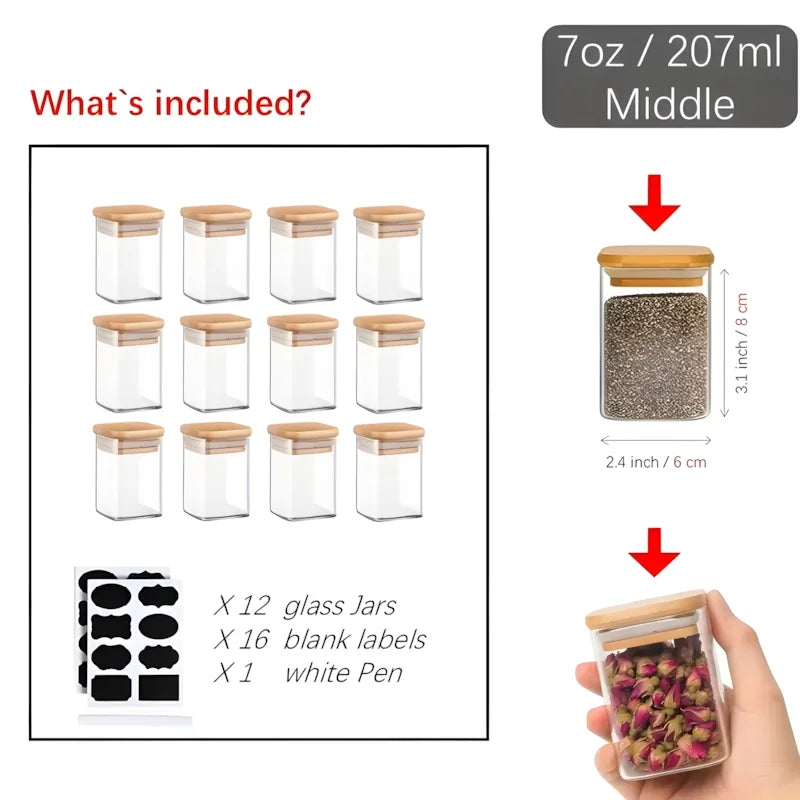 12 Square Glass Spice Jars with Natural Bamboo Lids - Sealed Herb Containers with Pre-Printed Waterproof Minimalist Spice Labels - Suitable for Empty Small Seasoning Jars in Kitchen Food Pantries.