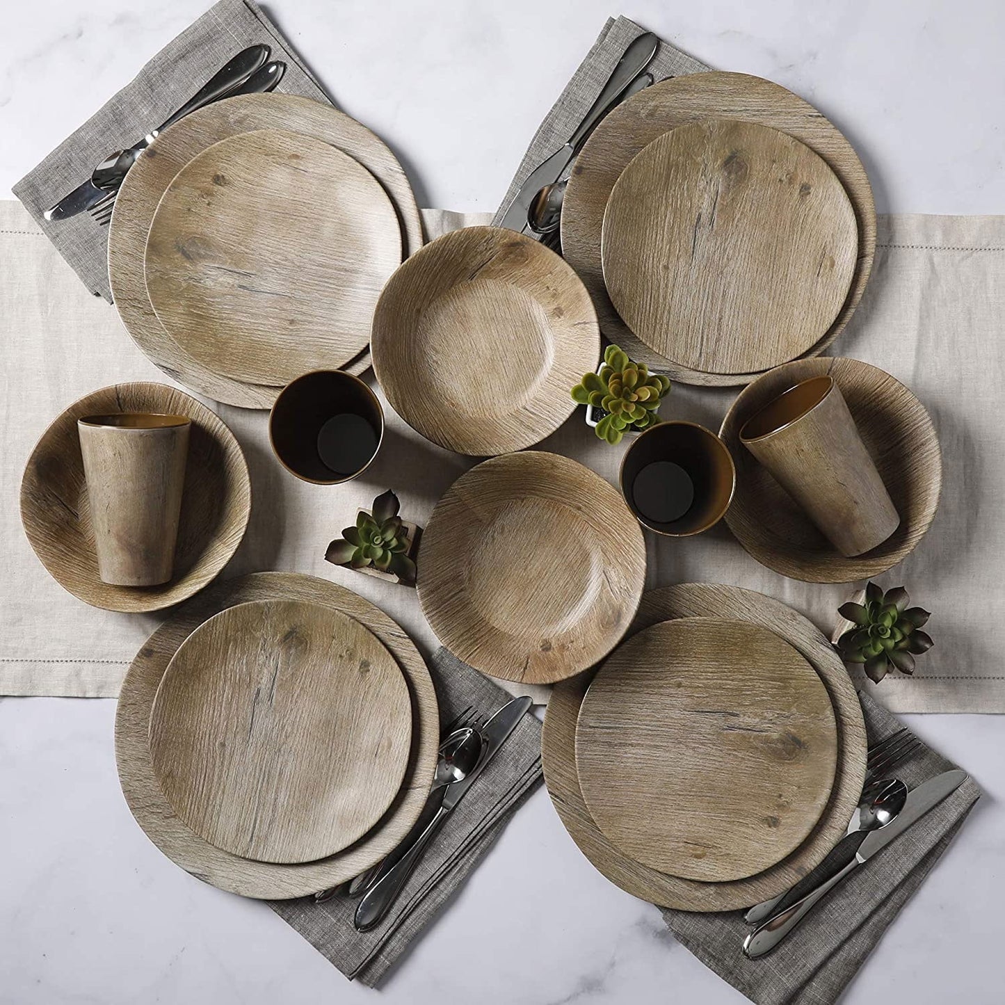 Home Woodlands 16 Piece round Melamine Plate, Bowl, & Cup Dinnerware Set