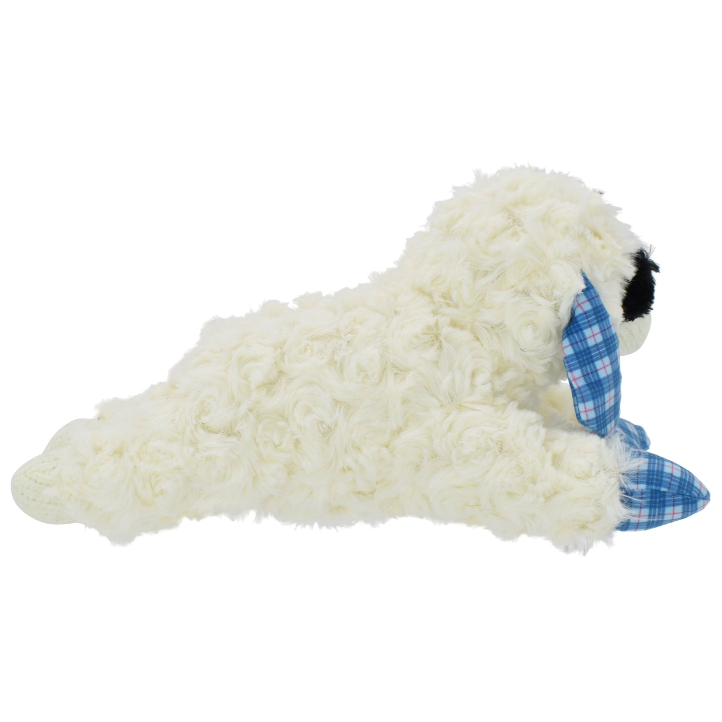 Medium Lamb Chop Dog Toy with Blue Plaid Ears and Paws, Featuring Squeaker