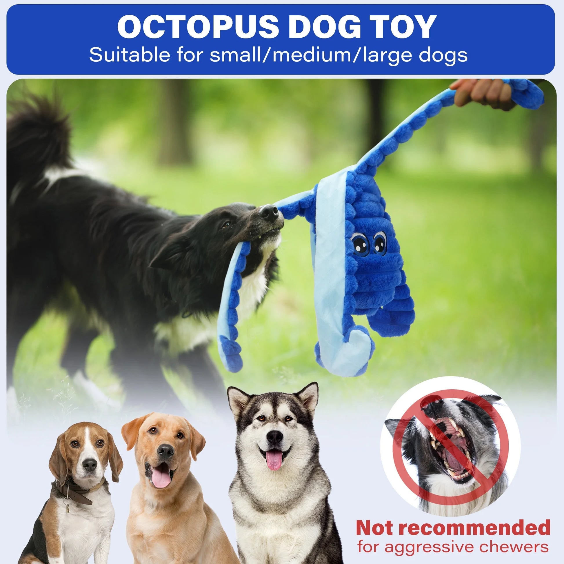 Extra Large Crinkle Squeaky Dog Chew Toy for Large Dogs - 27” Blue Octopus