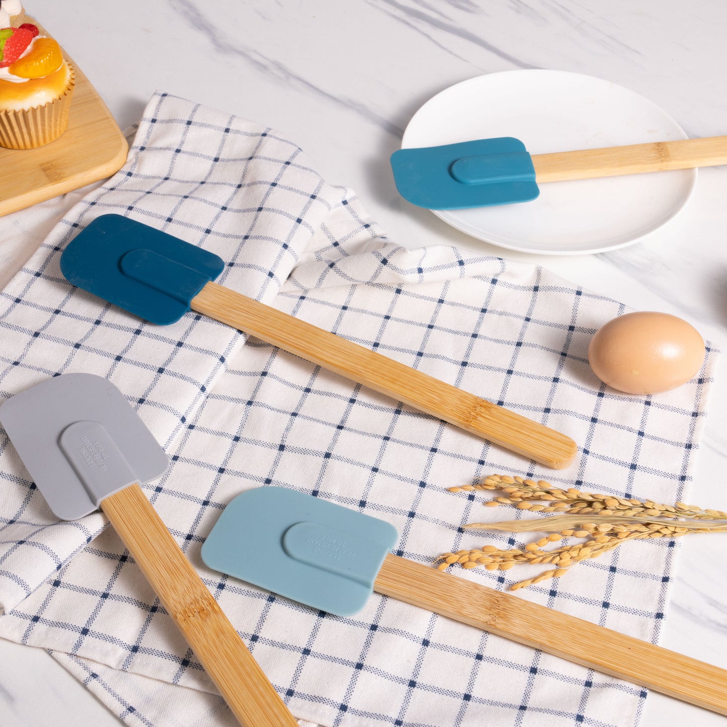Colorful Silicone Spatulas Set 4 with Bamboo Handles, Blue