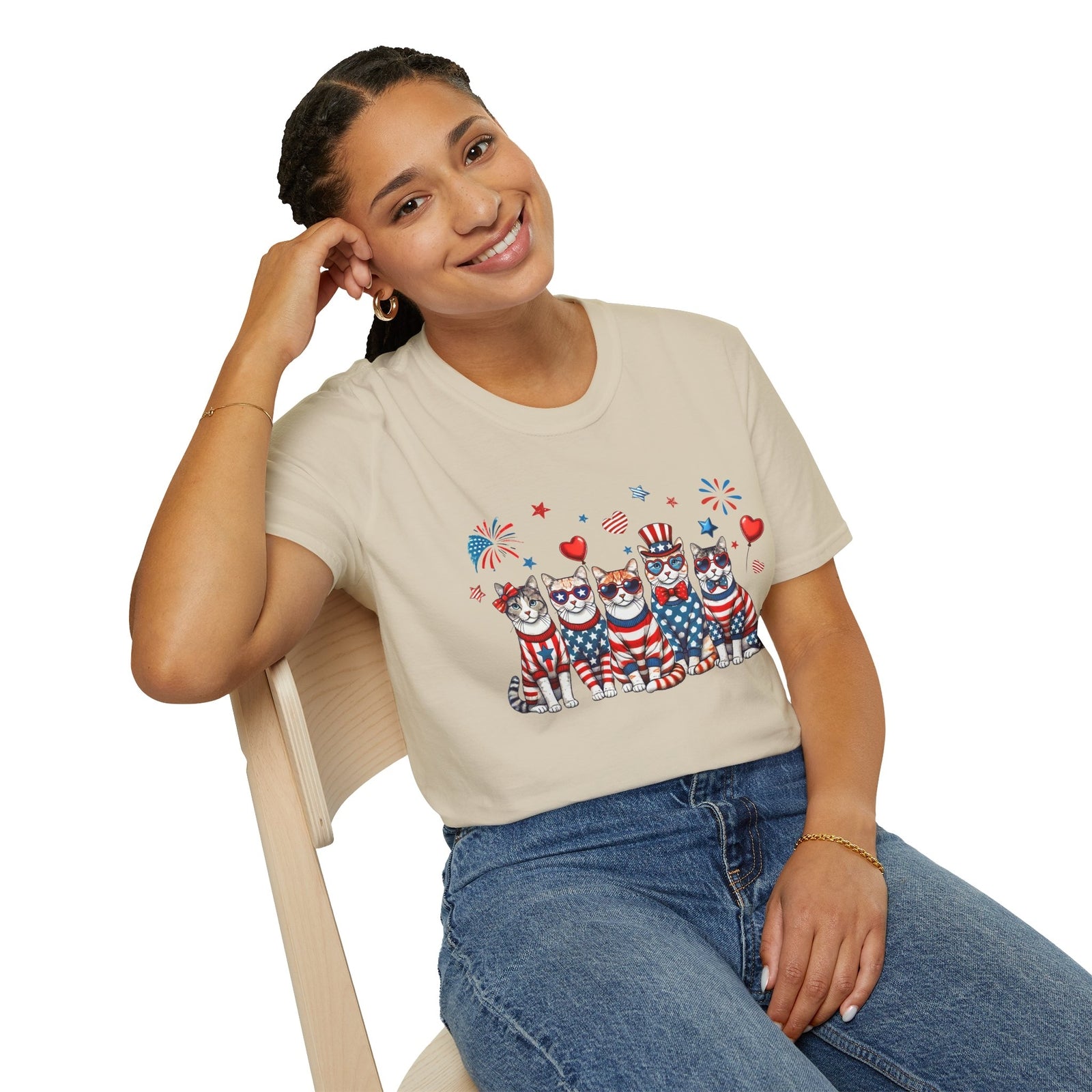 Patriotic Cat Unisex Softstyle T-Shirt for Fourth of July Celebrations