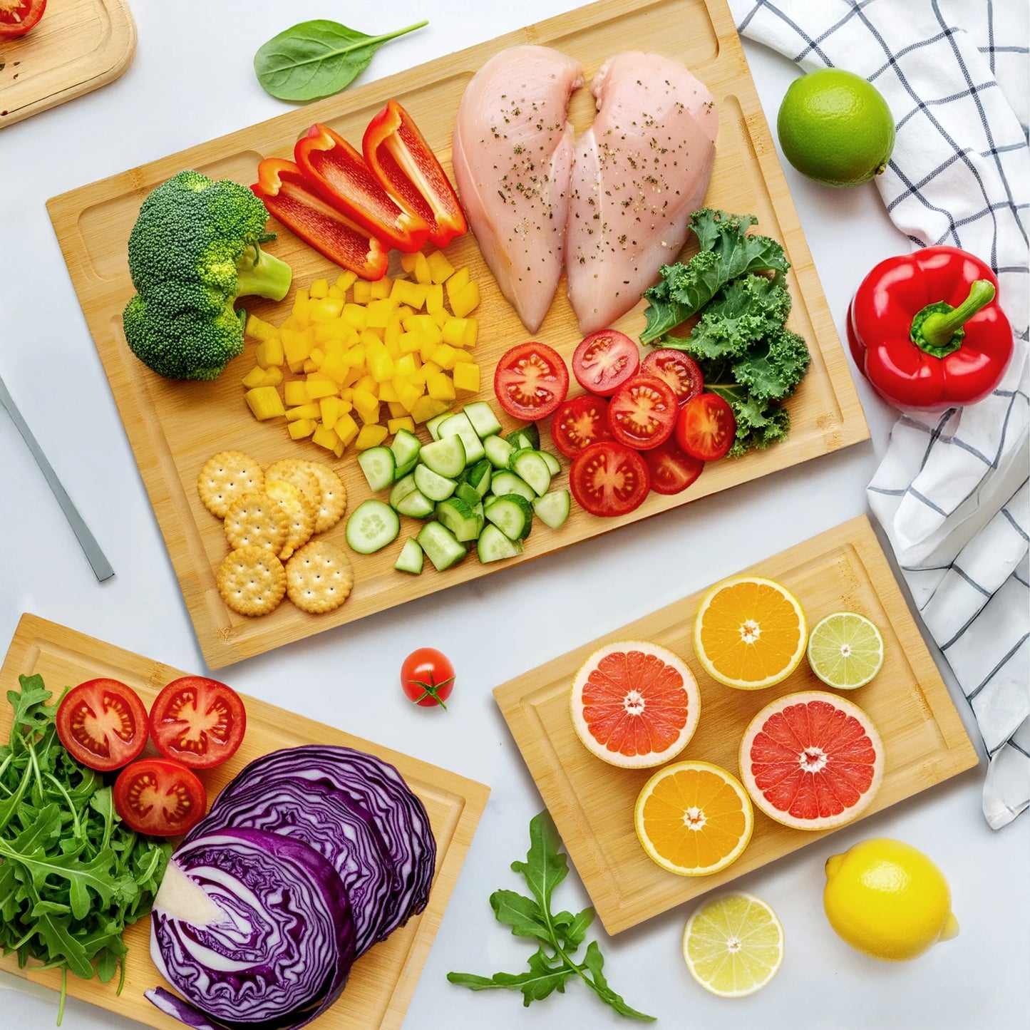 Cutting Board Set of 3, Bamboo Chopping Boards for Kitchen, Heavy Duty Wooden Serving Tray with Juice Groove