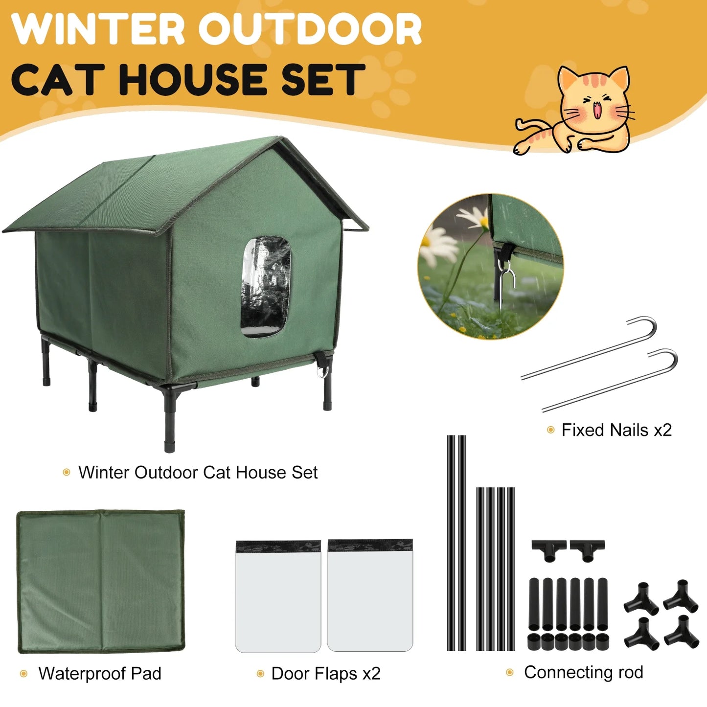 Insulated Outdoor Cat House with Escape Door - Weatherproof Shelter for Small Cats, Green