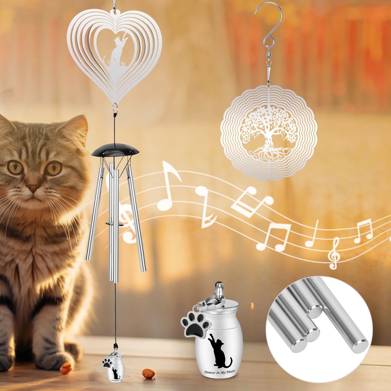 Pet Memorial Wind Chimes with Pet Urns,Cat Memorial Wind Spinner Gifts for Loss of Cat,Sympathy Gift for Garden Yard Decorations