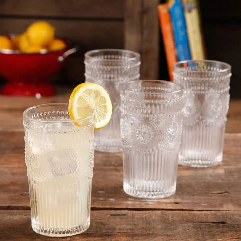 Adeline 16Oz 4-Piece Glass Tumbler Glassware Set with Embossed Design, Clear