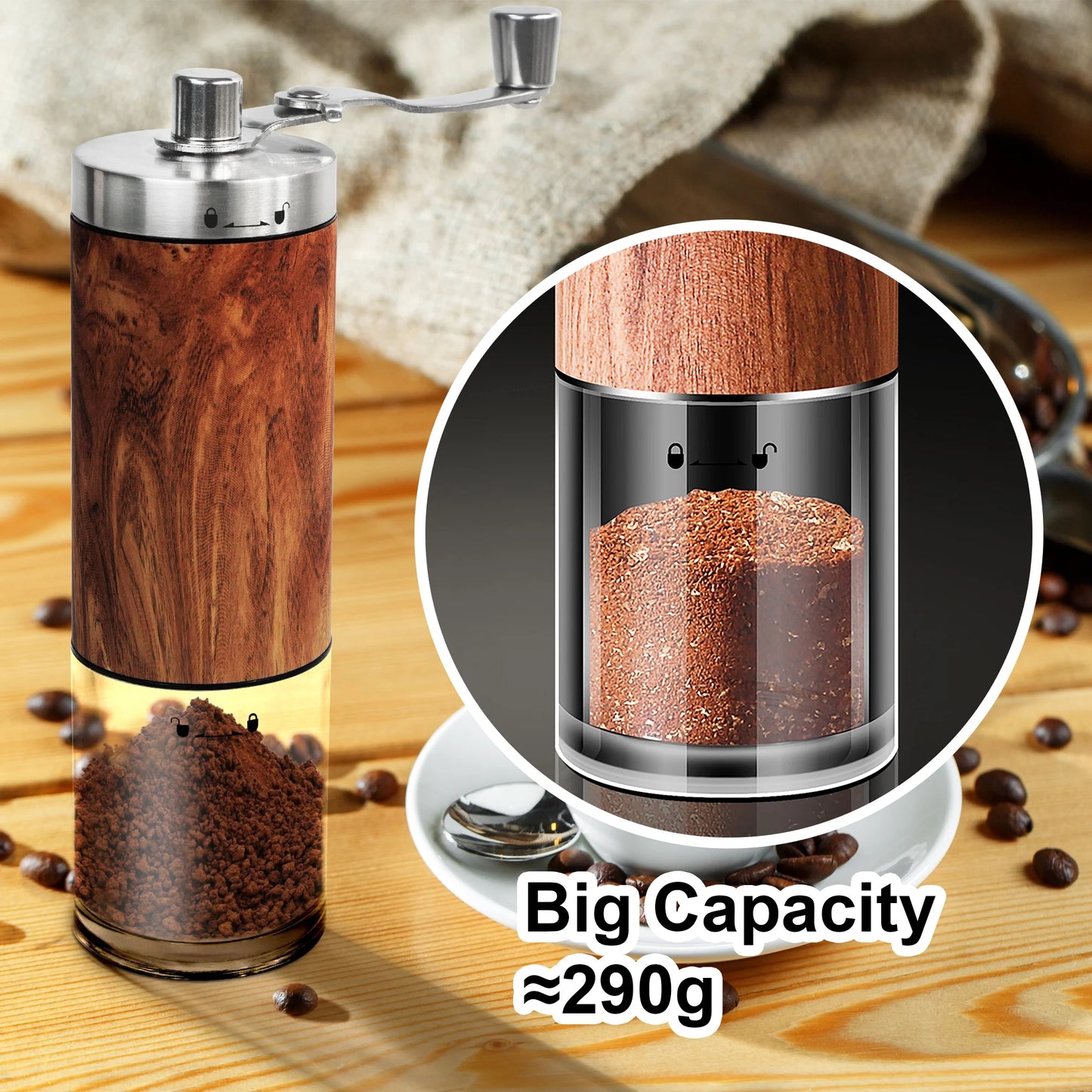 Manual Coffee Grinder Portable Coffee Bean Mill Grinders with Ceramic Burr, 304 Stainless Steel Hand Crank - Fine Coarse Adjustable - for Outdoor, Travel, Espresso