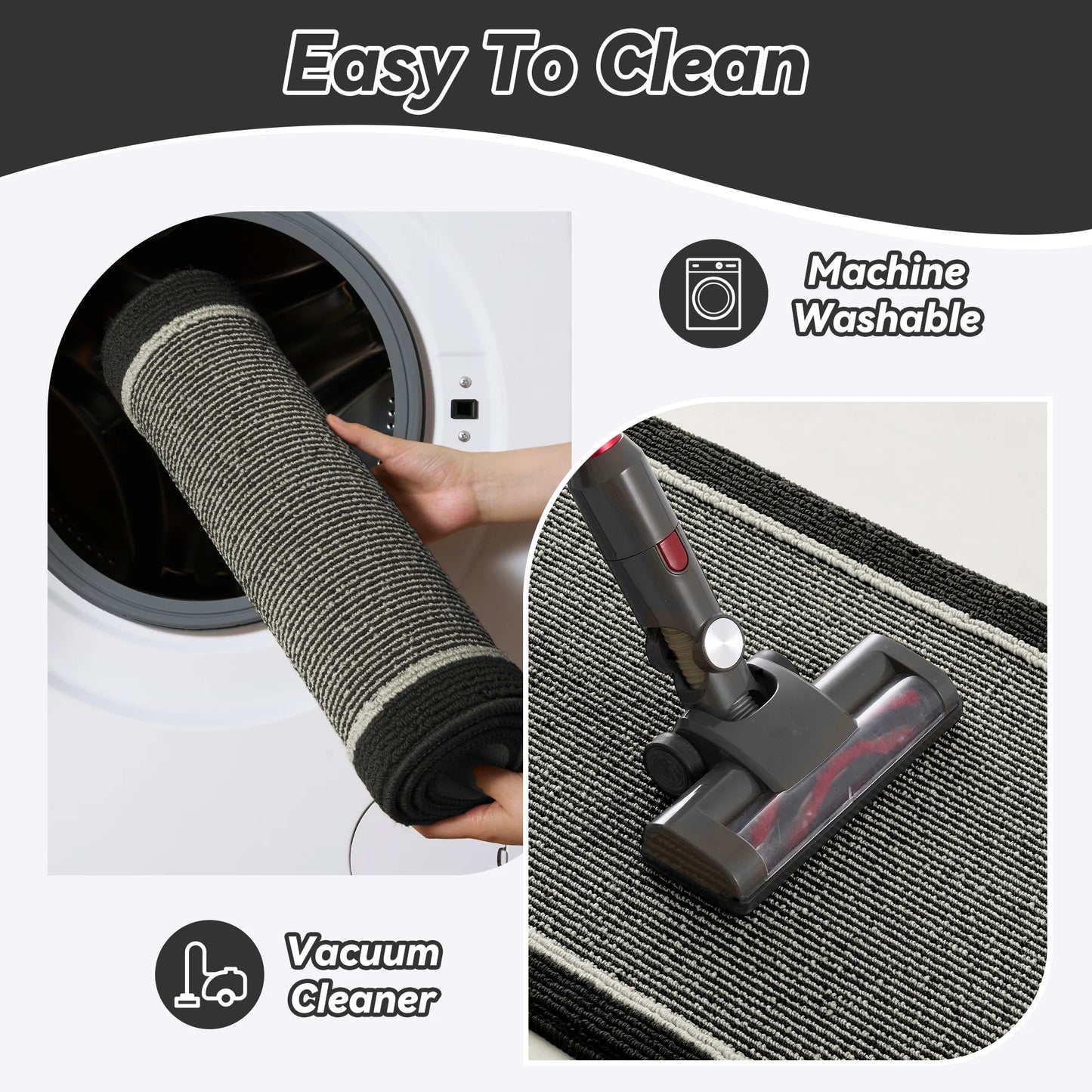 Non-Slip Kitchen Rug, Washable 20"X32" Twill Floor Mat, Half Circle Design for Sink, Laundry, Black