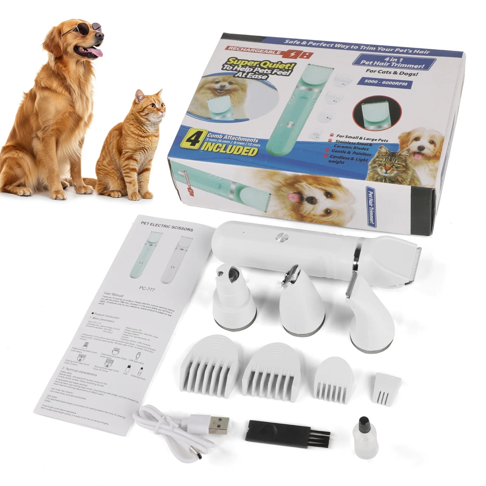 Dog Clippers, Dog Grooming Kit for Thick Hair, Thick Coats, Cat Clippers at Home, Rechargeable, Low Noise