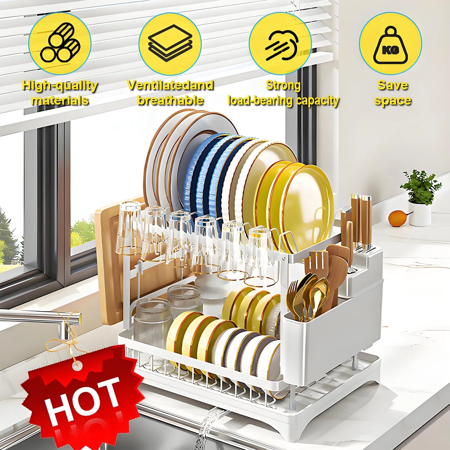 2-Tier Stainless Steel Foldable Dish Racks ,16.5*11.8*11.4In, White