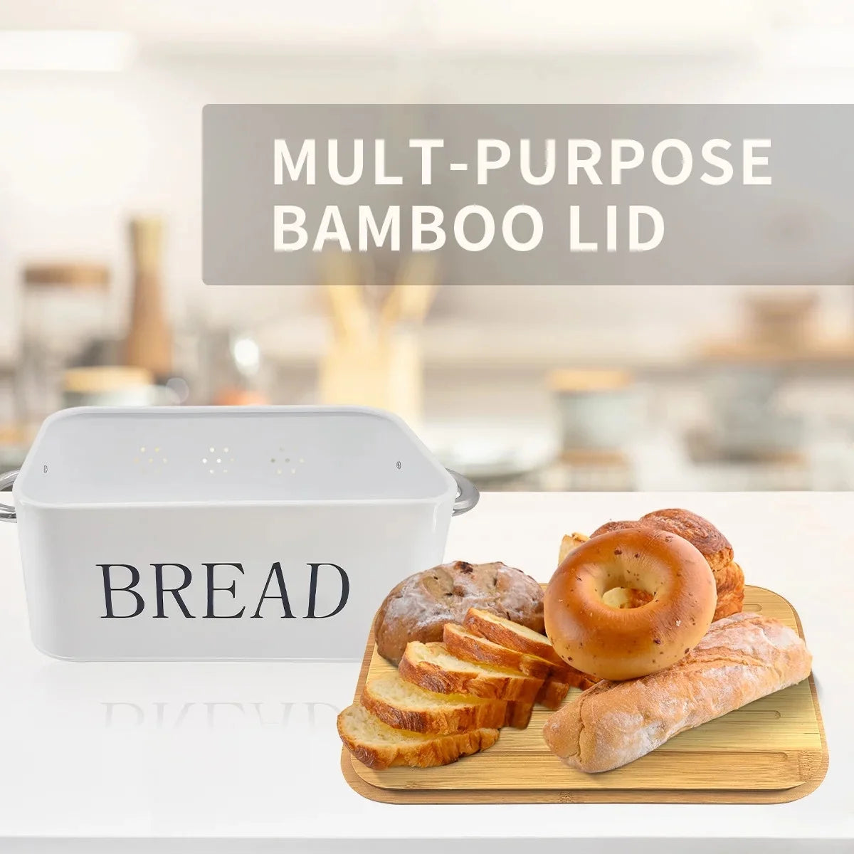 Large Bread Box, Bread Box Storage with Cutting Board Lid for Kitchen Counters Metal White
