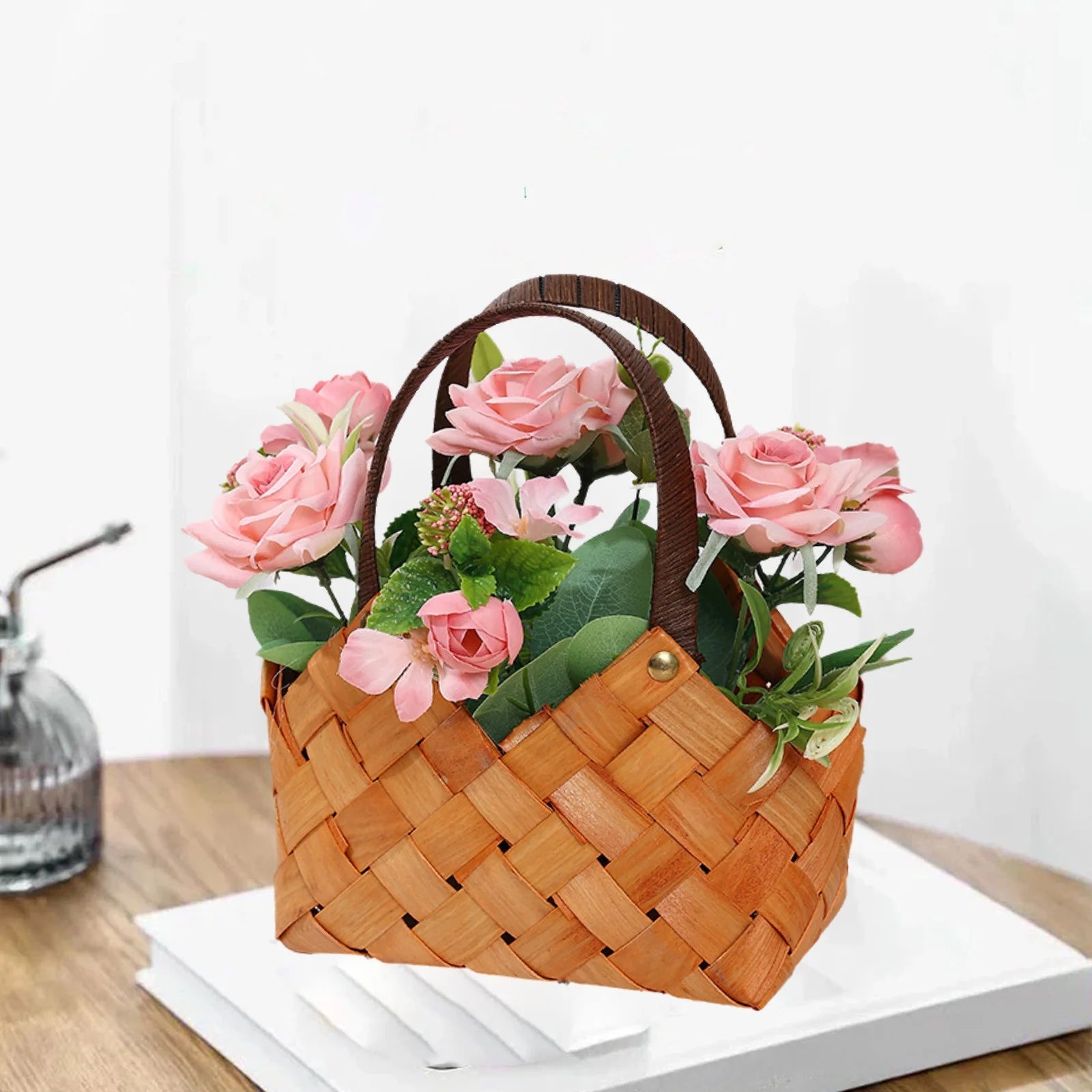 Flower Wicker Basket with Handle,Fake Roses Flowers Suitables for Mother'S Day Gifts,Home Kitchen Wedding Decoration,Handheld Flower Baskets for Wedding