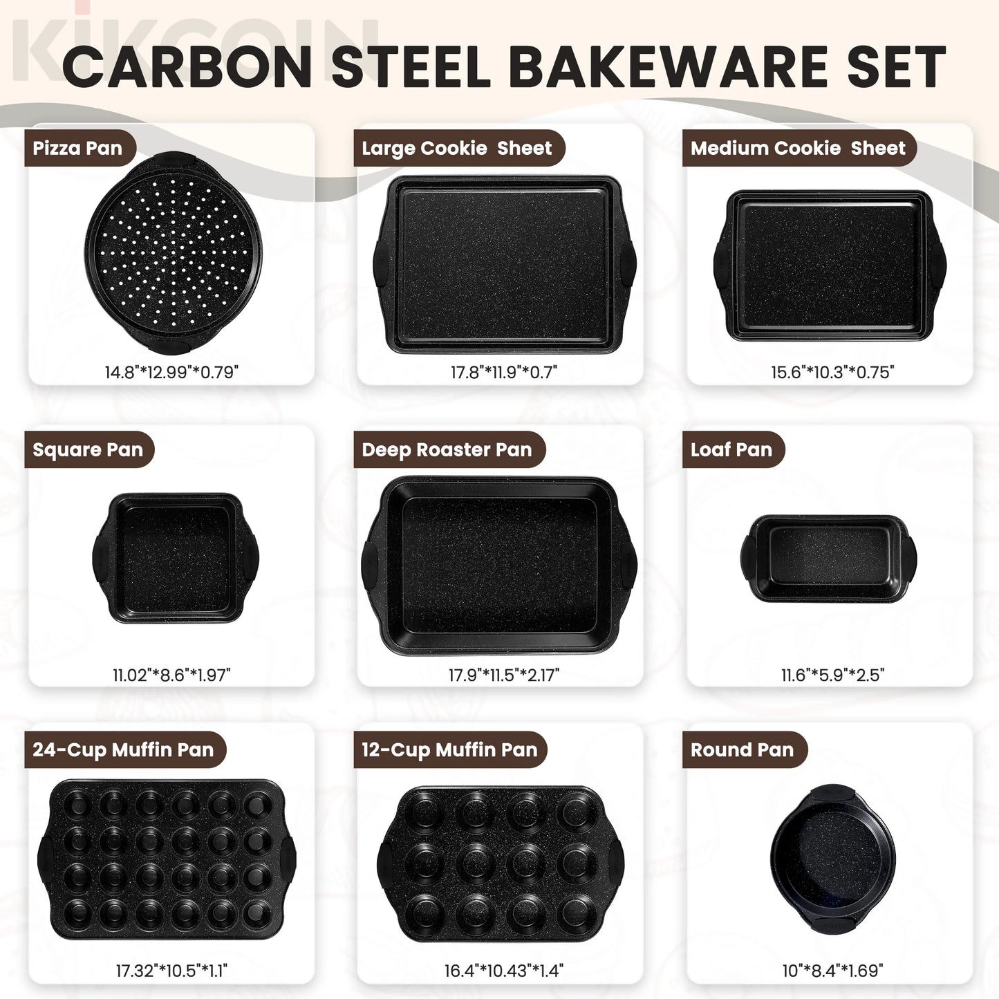 Nonstick Bakeware Set, 21-Piece Durable Carbon Steel Baking Pans with Silicone Handles, Cookie Sheets (Black)