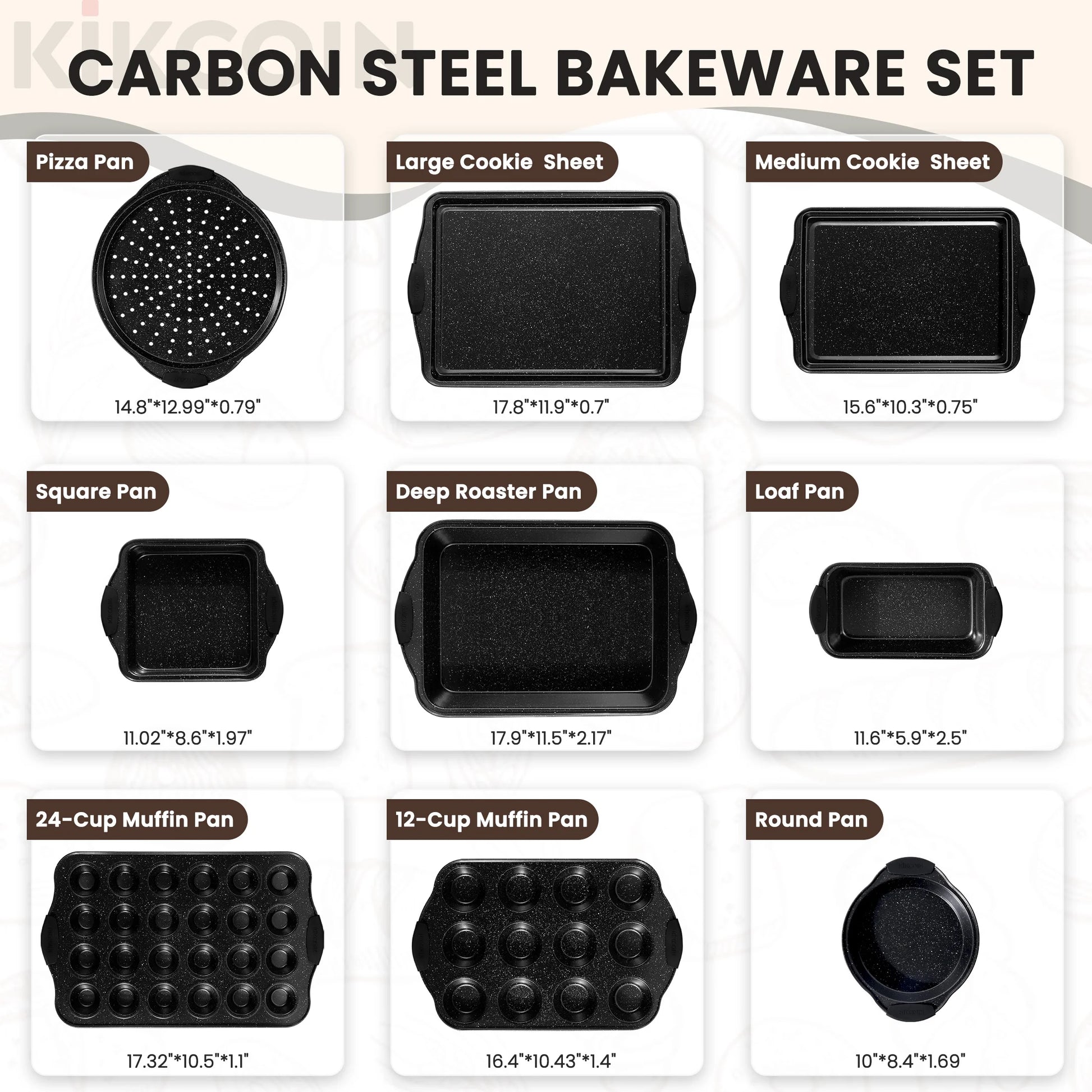 Nonstick Bakeware Set, 21-Piece Durable Carbon Steel Baking Pans with Silicone Handles, Cookie Sheets (Black)