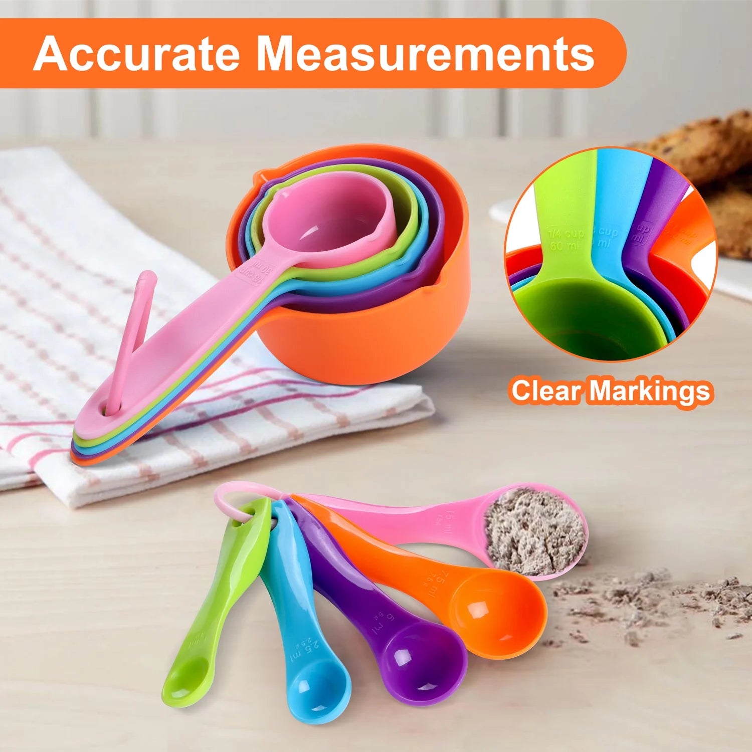 Measuring Cups and Spoons Set, 10-Piece Plastic Kitchen Measuring Set for Dry and Liquid Ingredient, Nesting Kitchen Gadgets for Cooking & Baking - Random Color
