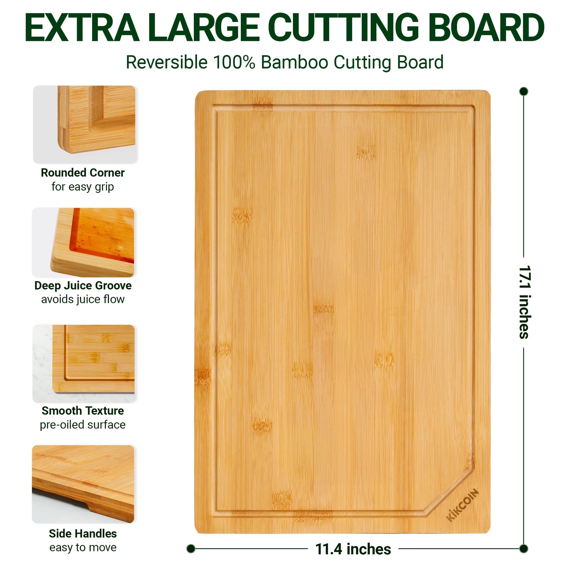 Bamboo Cutting Boards for Kitchen, with Deep Juice Groove and Inner Handle, 17.1" X 11.4"