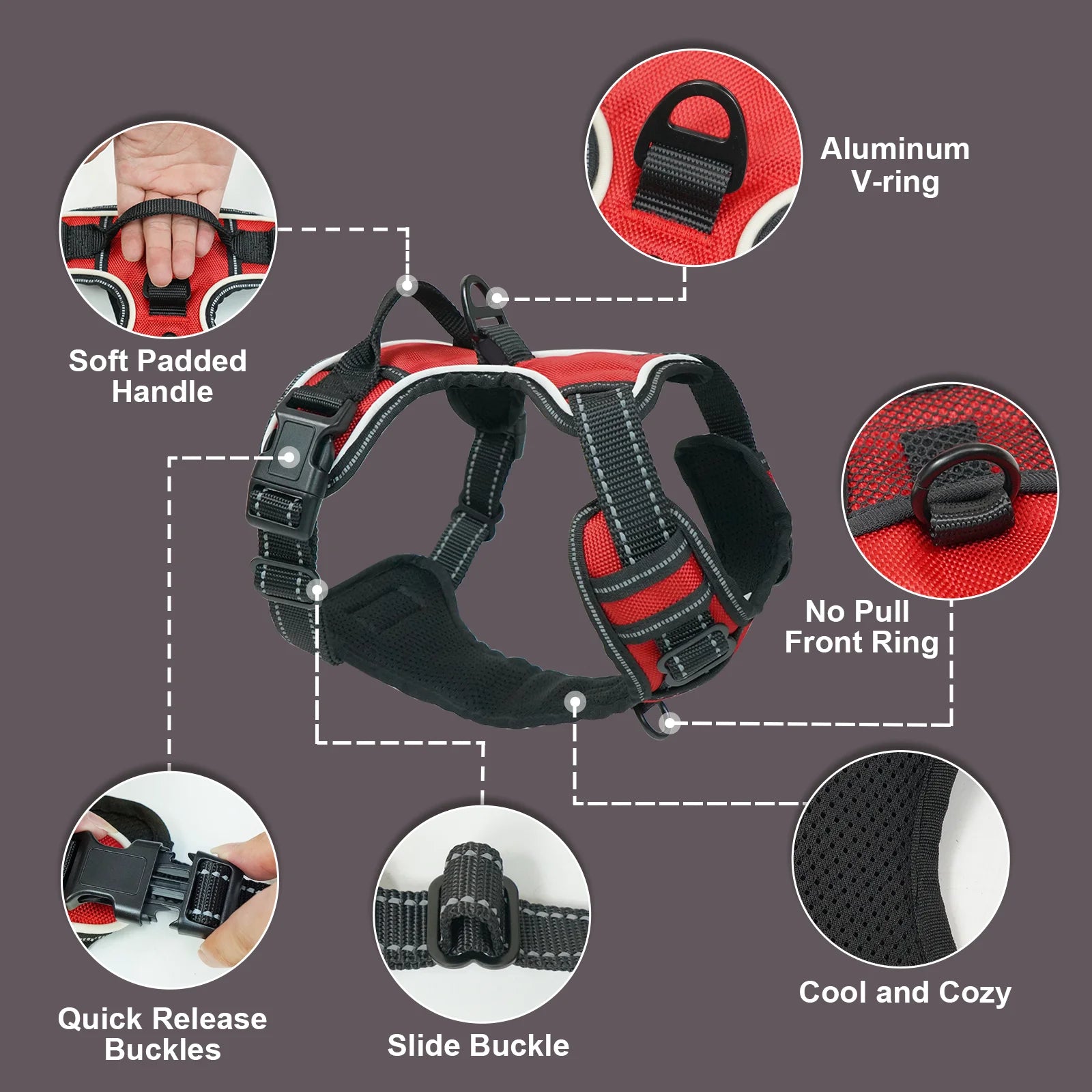 Reflective Adjustable Dog Harness - No Pull Pet Vest with Reflective Strips, Control Handle, and Breathable Mesh for Small, Medium, and Large Dogs - Small, Red