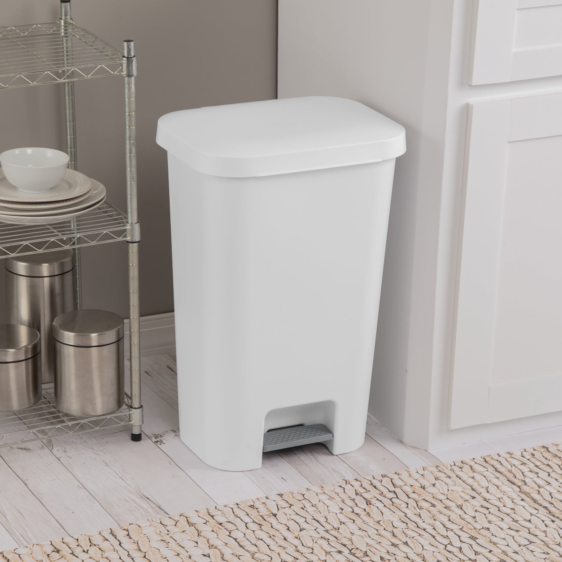 11.9 Gallon Stepon Rectangular Trash Can, Large Hands-Free Open for Kitchen, White