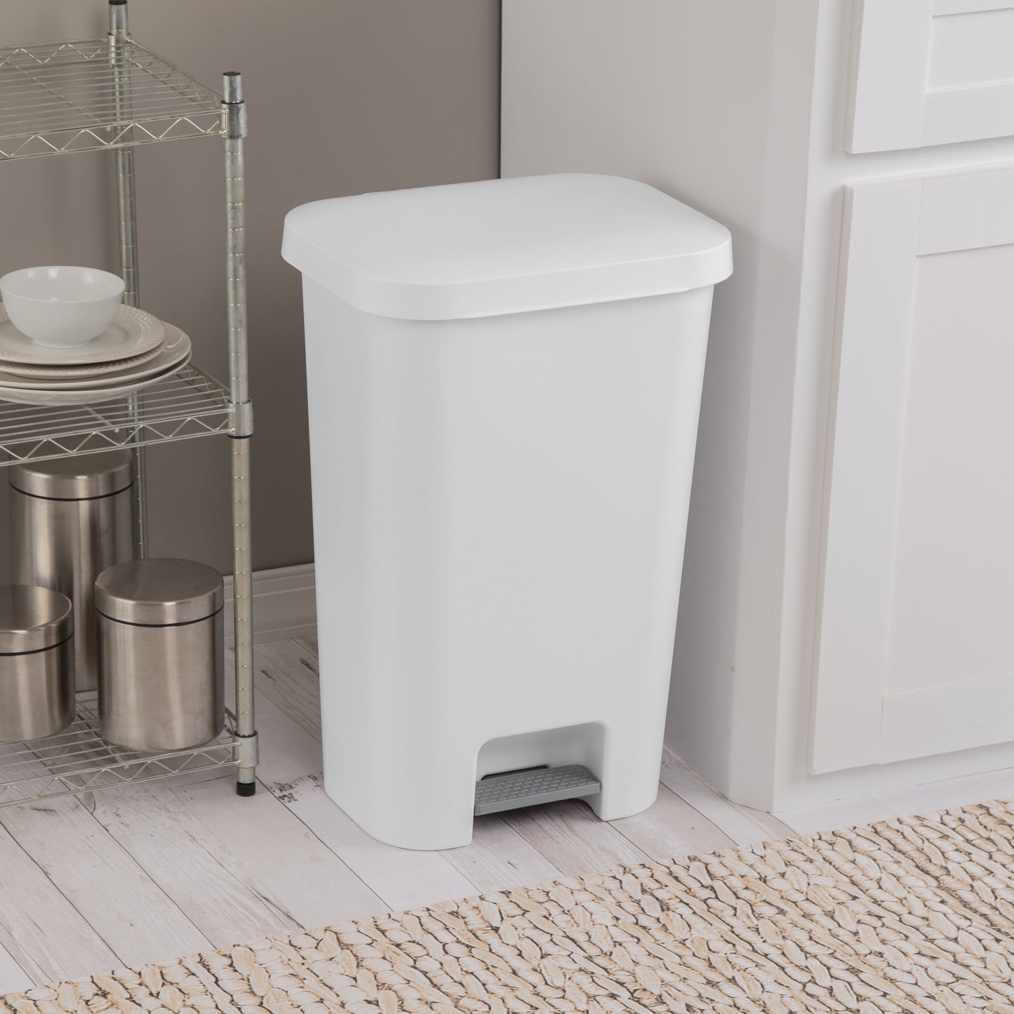 11.9 Gallon Stepon Rectangular Trash Can, Large Hands-Free Open for Kitchen, White