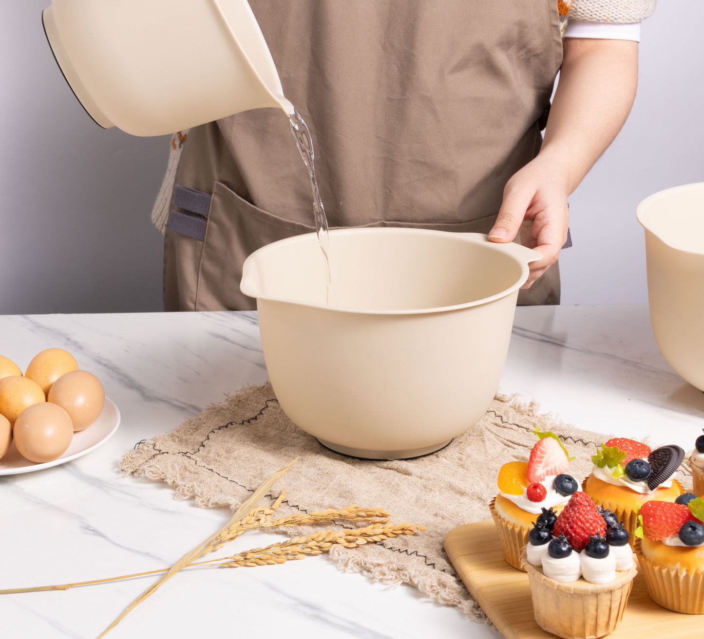 3 Pieces of Mixing Bowl Set, 50% RPP, Recycled Material, 11.81 In, Papyrus Beige