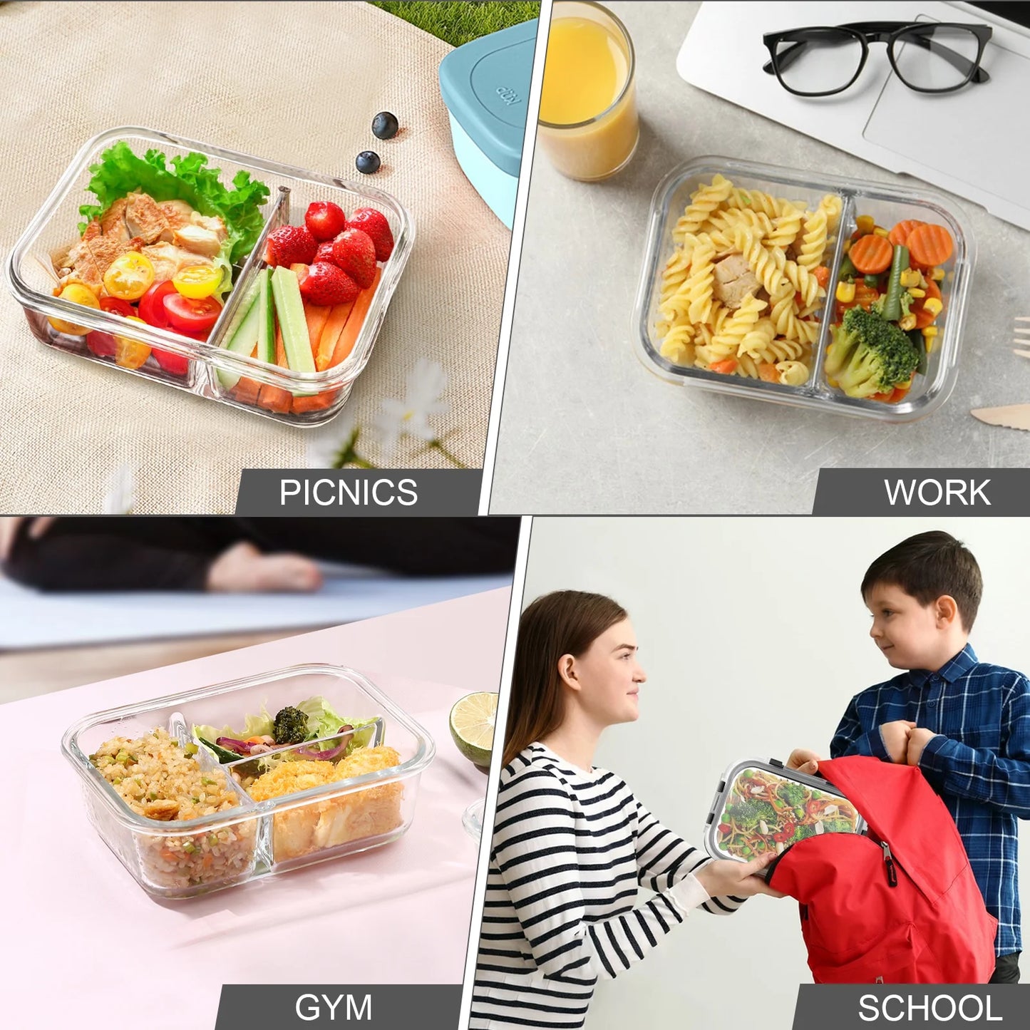 8 Pcs Glass Food Storage Containers with Lids, 2 & 3 Compartment Glass Airtight Meal Prep Containers (4 Containers & 4 Lids), Oven & Freezer Safe, Leak Proof - Grey