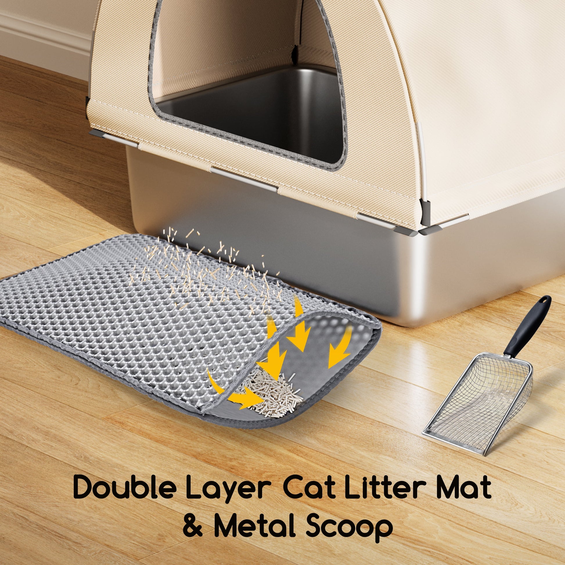 Stainless Steel Cat Litter Box 85L, Tent Cover&Telescopic Shovel,Extra Large Enclosed Cat Litter Box