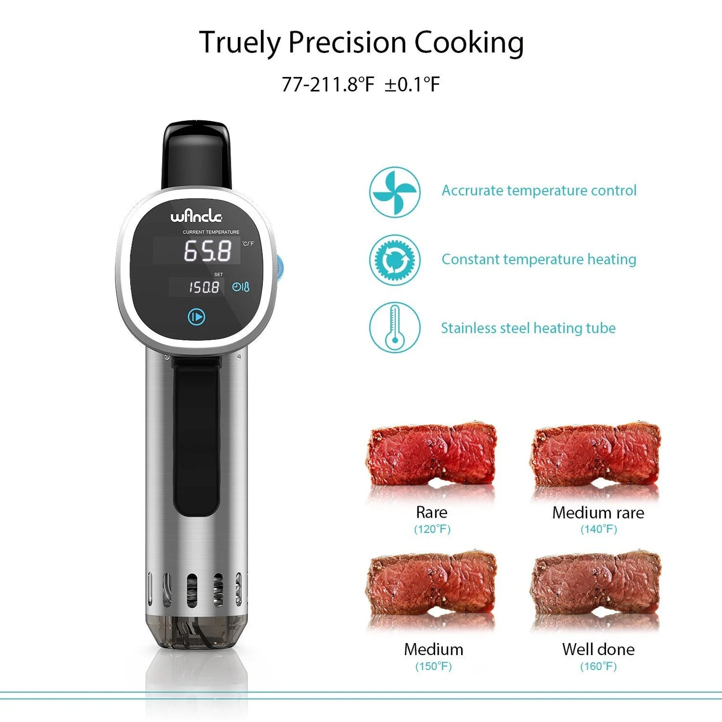 Sous Vide Cooker,  Thermal Immersion Circulator, with Recipe E-Cookbook, Accurate Temperature Digital Timer, Ultra-Quiet, 850 Watts, 120V, Stainless Steel/Black