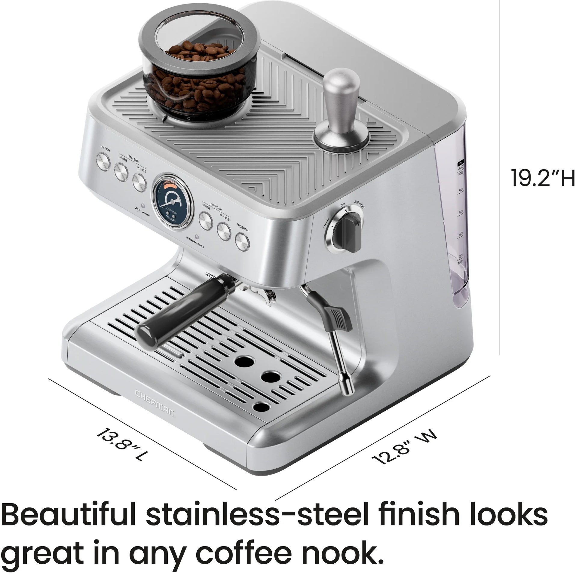 Crema Supreme Espresso Machine with Conical Burr Grinder and Steam Wand – Stainless Steel, New