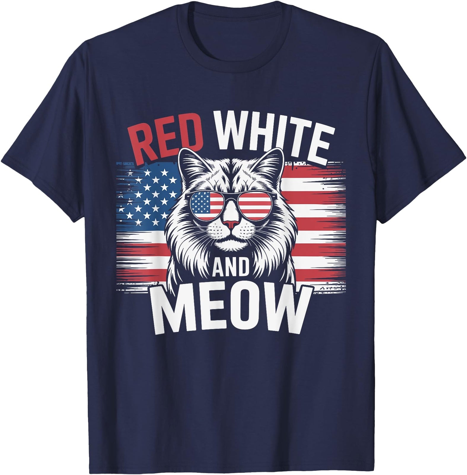 Red White and Meow Funny Cat Patriotic 4Th of July T-Shirt