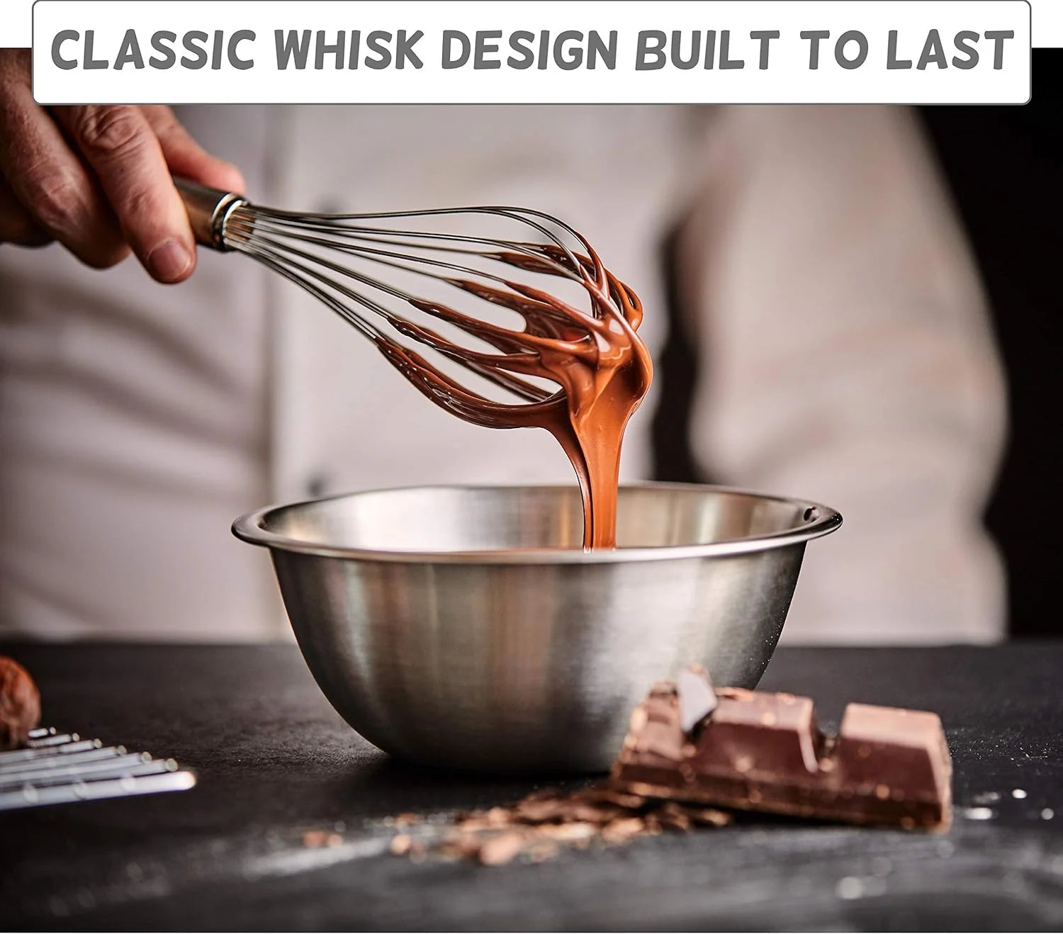 Classic Stainless Steel Wooden Handle Whisk 12-Inch | Perfect Whisking Size | Kitchen Whisk for Beating, Blending, Whisking, Stirring, Cooking, Egg, Flour