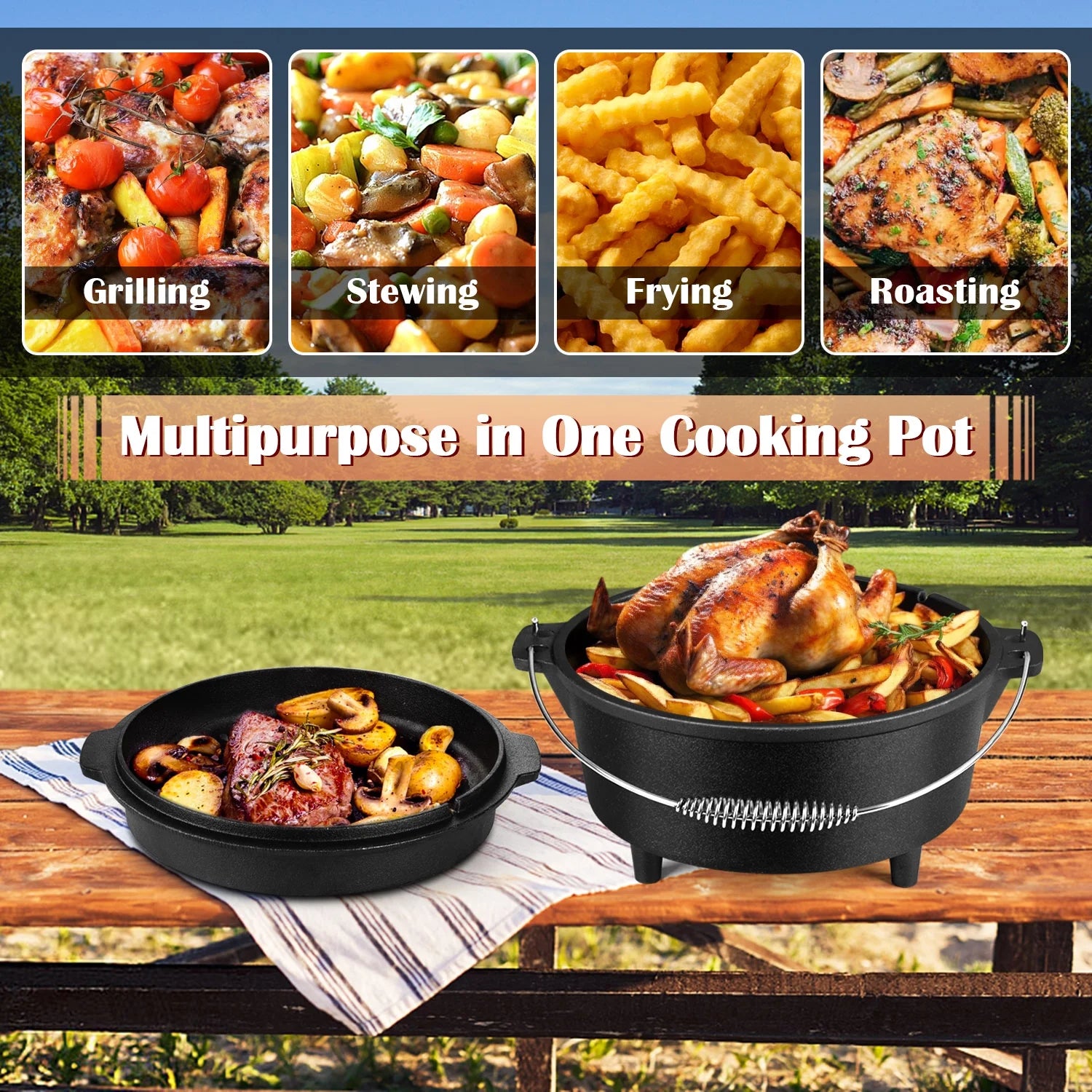 5 QT Cast Iron Dutch Oven, 2 in 1 Pre-Seasoned Camping Pot with Reversible Lid and Lid Lifter Handle, Multifunctional Cookware Pot for Camping Cooking BBQ Baking