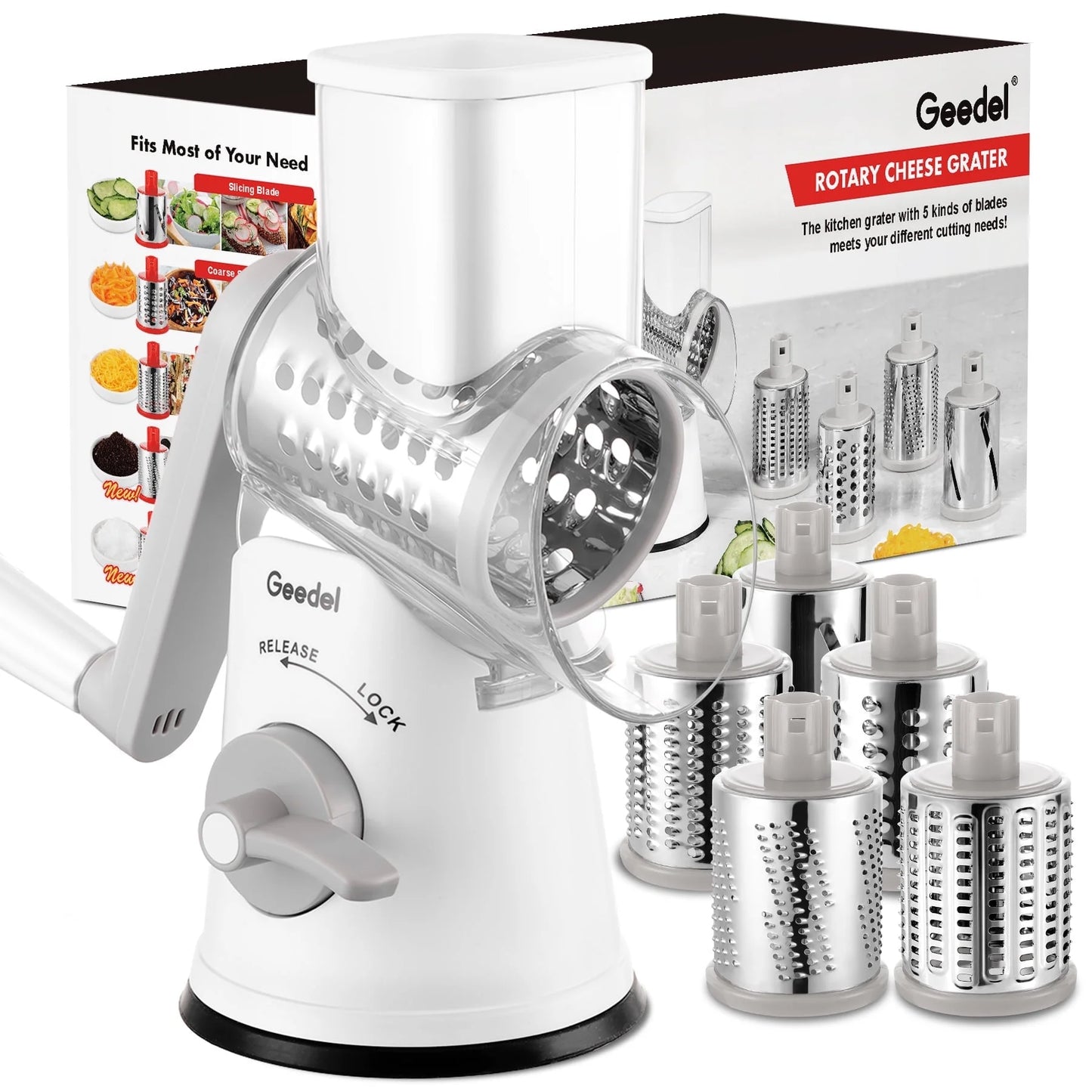 Rotary Cheese Grater, Kitchen Grater Vegetable Slicer with 5 Interchangeable Blades, Powerful Suction, Dishwasher Safe, Easy to Clean Grater for Vegetable, Fruit, Nuts, Gray