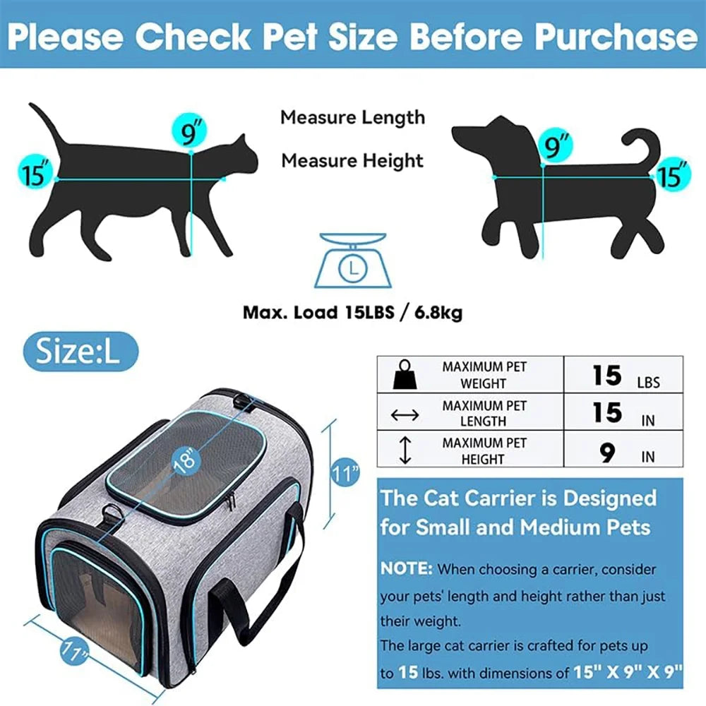 Airline-Approved Expandable Soft-Sided Pet Carrier with Removable Fleece Pad and Shoulder Strap, Blue, 15 lb Capacity (18" x 11" x 11")