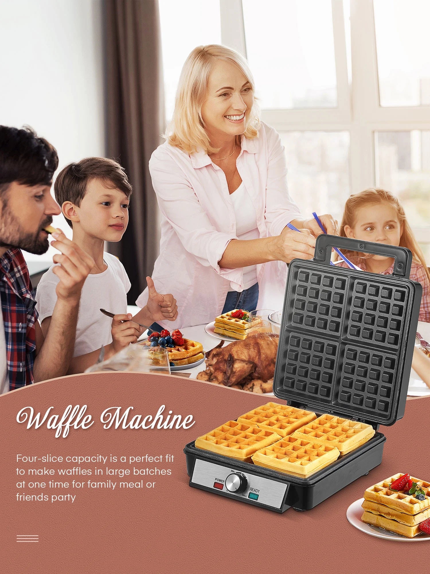 4-Waffle Electric Belgian Waffle Maker, Black Stainless Steel