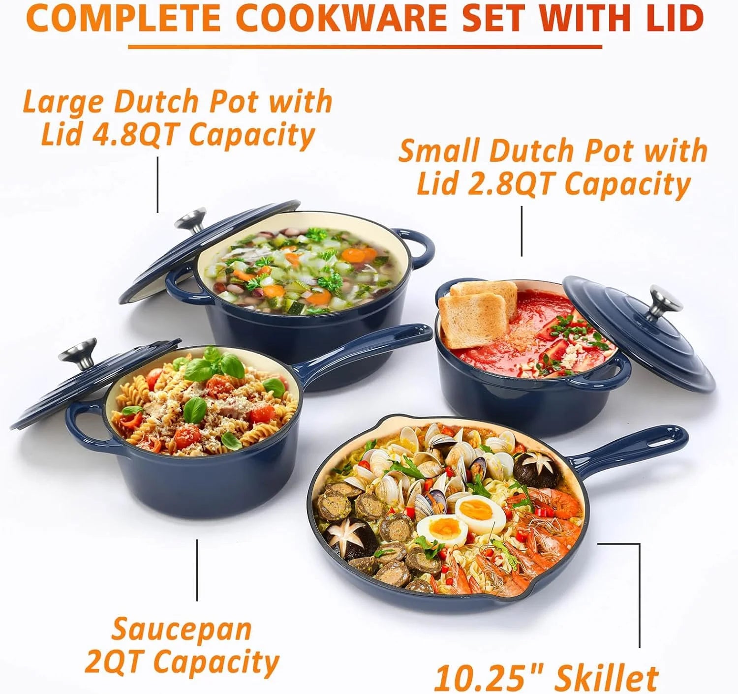 Enameled Cast Iron Cookware Set, 7 Piece Set of Dutch Ovens, Sauce Pan, Skillet, 3 Lids, Dutch Oven Set, Nonstick Ceramic Coated, Gas/Induction Compatible, PFA Free, Come with Organizer, Navy