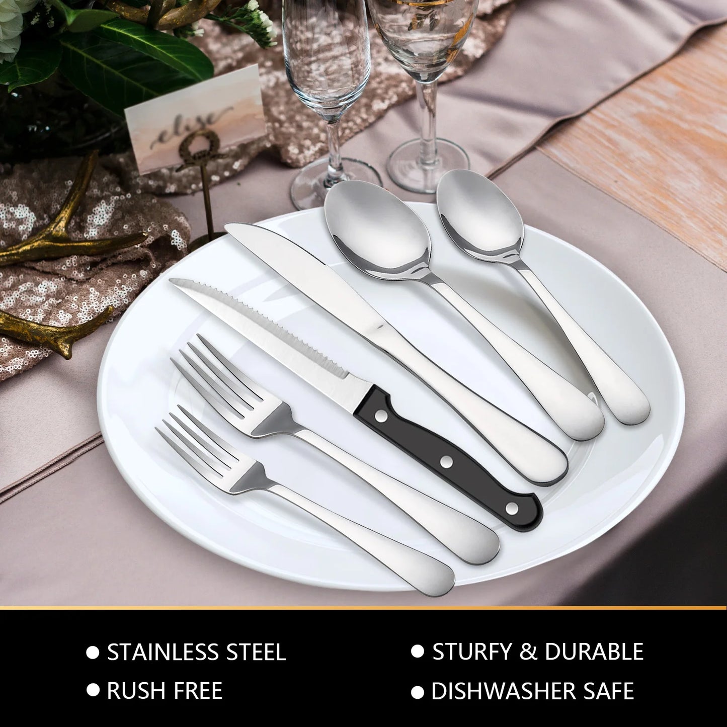 24 Piece Stainless Steel Flatware Set for 4, with Steak Knives, Mirror Polished Cutlery Utensil Set,Dishwasher Safe, Silver