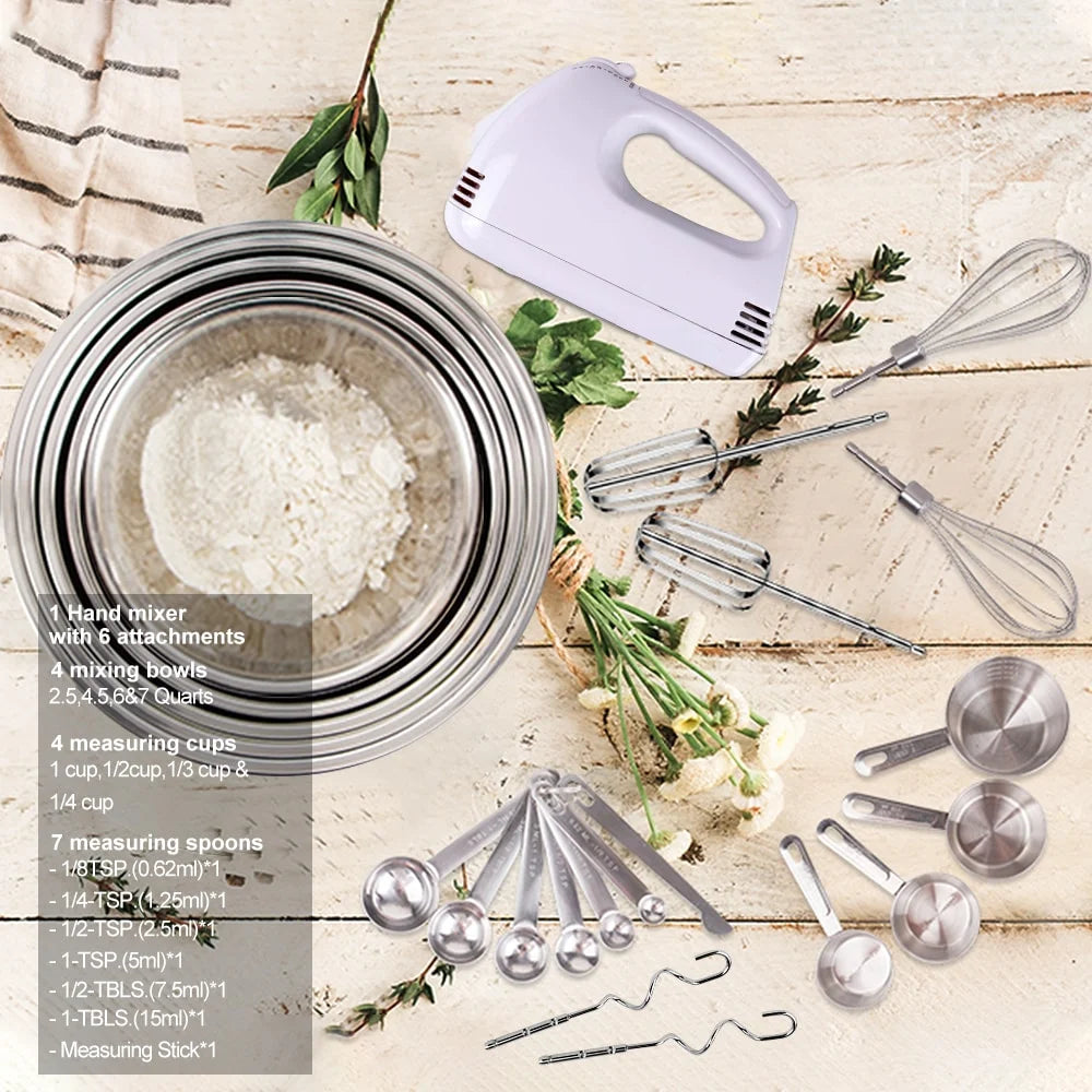 Electric Hand Mixer Set with Upgraded 5-Speed Settings, Stainless Steel Nesting Mixing Bowls, Measuring Cups, Spoons, and Whisk - Essential Baking Supplies for Culinary Excellence