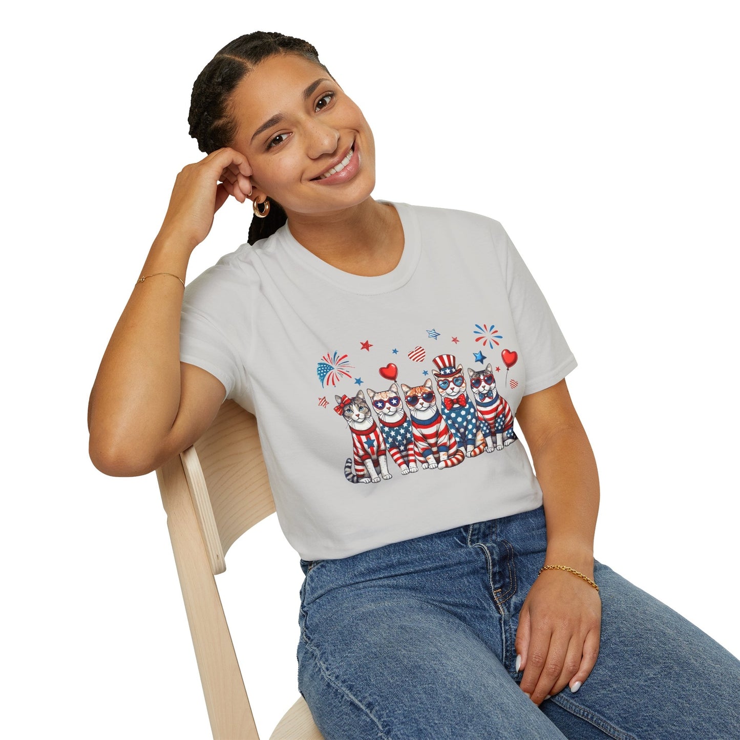 Patriotic Cat Unisex Softstyle T-Shirt for Fourth of July Celebrations