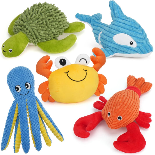 Plush Ocean Animal Dog Toy Set - 5 Piece Squeaky and Crinkle Stuffed Chew Toys for Puppies