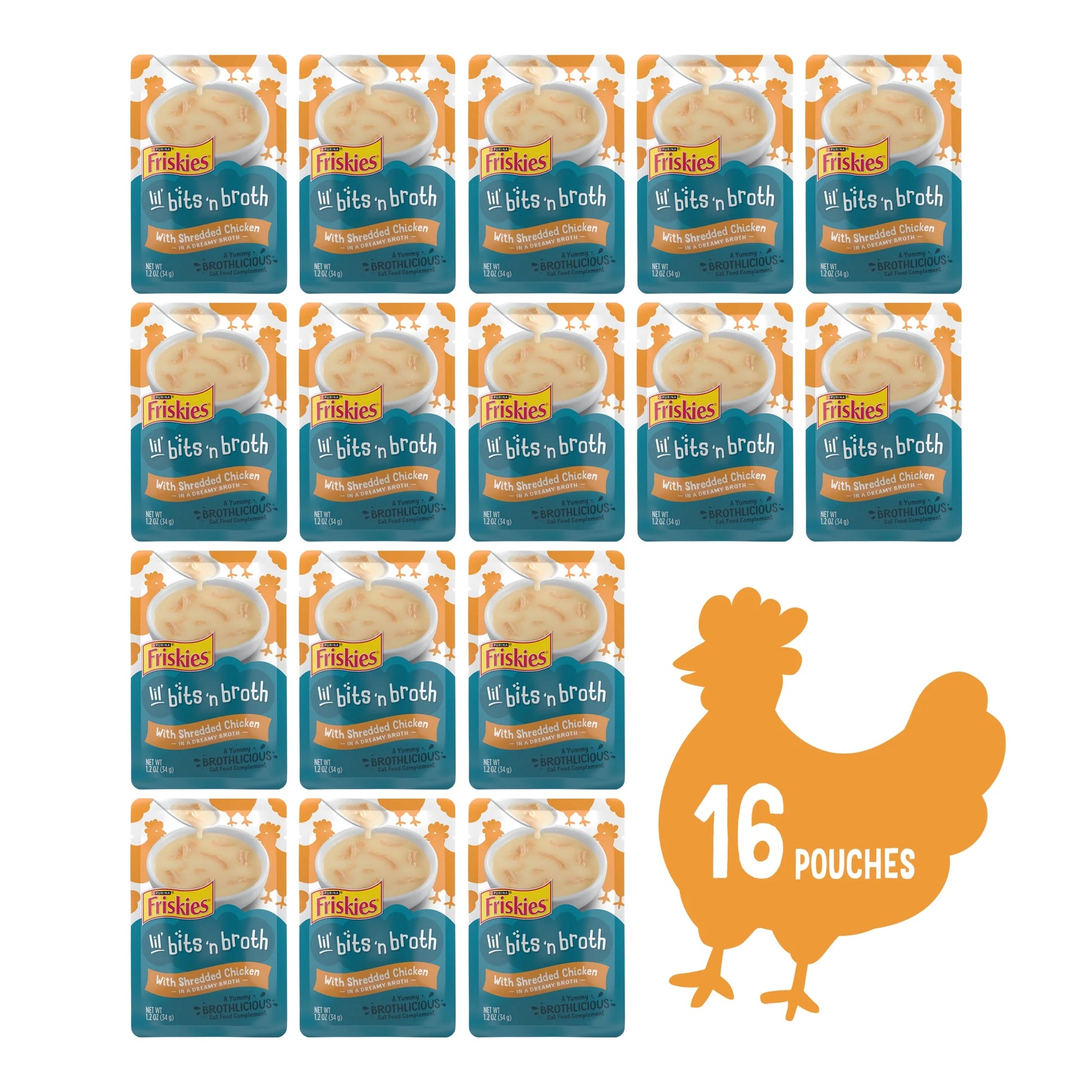 Purina  Lickable Cat Treats Lil' Bits ‘N Broth with Shredded Chicken Cat Food Toppers, 1.2 Oz Pouches (16 Count)
