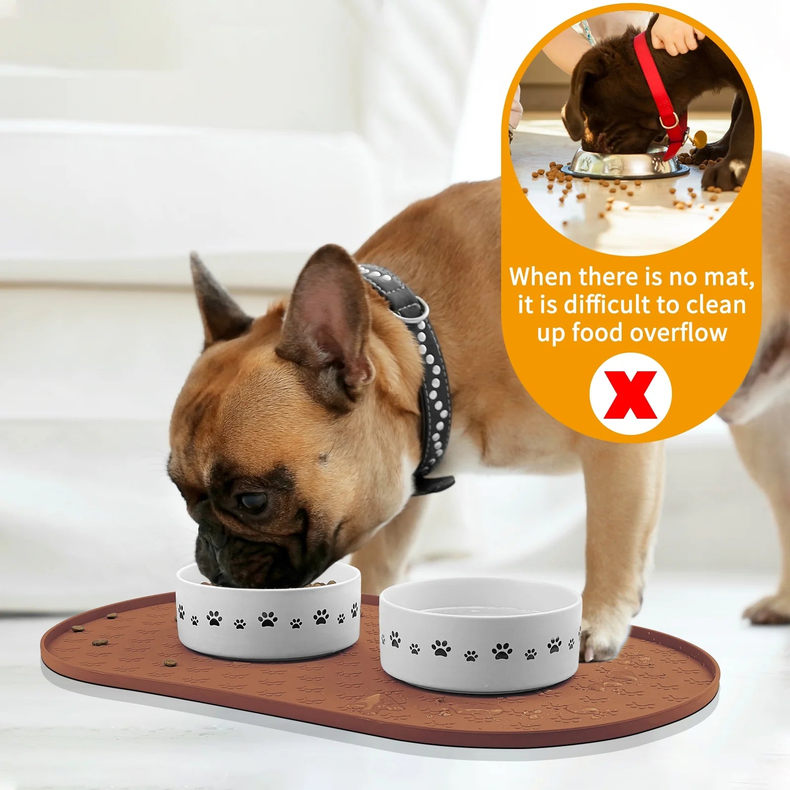 Silicone Pet Placemat for Dogs and Cats, Waterproof Pet Feeding Mat Prevent Food and Water Overflow, High-Lips Dog Food Mats, Brown