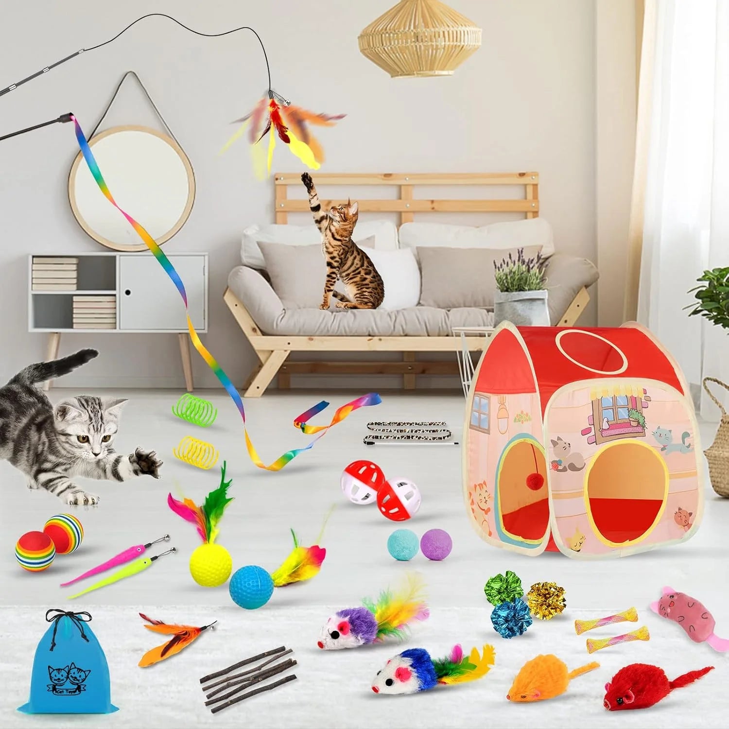 34-Piece Interactive Cat Toy Set with Collapsible Tunnels and Catnip Feather Teaser Wand