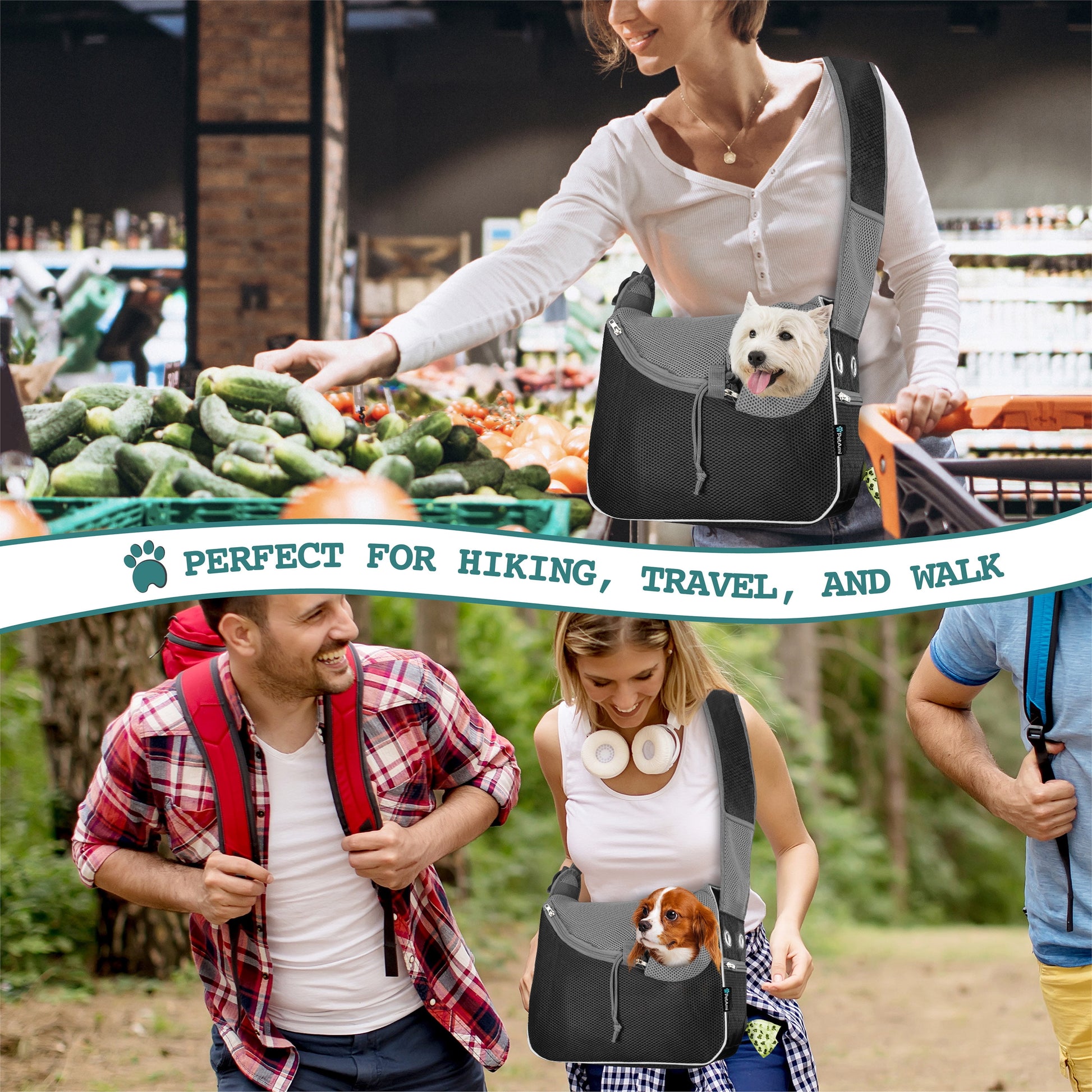 Small Dog Sling Carrier - Soft-Sided Crossbody Pet Pouch for Medium Dogs and Cats, Adjustable Travel Bag with Poop Bag Dispenser, Breathable Design, Black