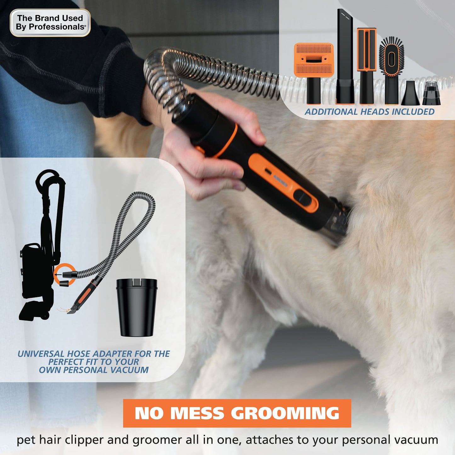 Dog Pet Groom and Vacuum Hose and Attachments, 2 Speeds, 14 Piece, Rechargeable Lithium 3026956