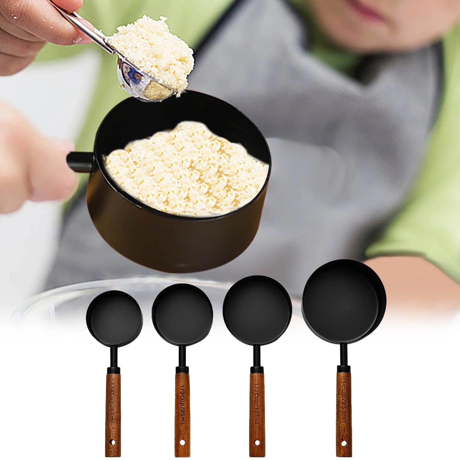 Measuring Cups and Spoons Black Measuring Cups with Wooden Handle Stainless Steel Measuring Spoons and Scoops Set for Kitchen Flour Spice Seasoning Measurement Set of 4