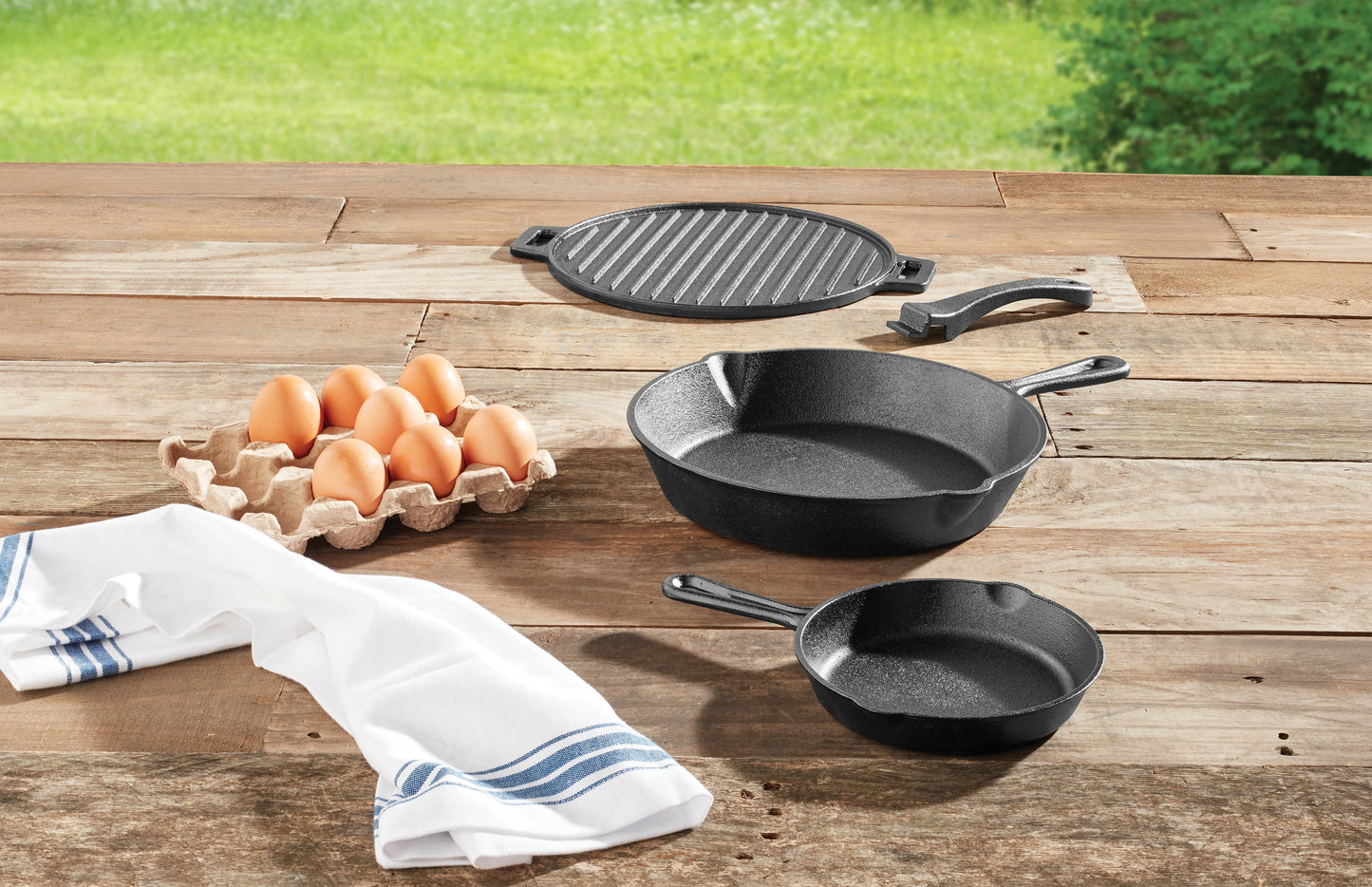4-Piece Cast Iron Skillet Set with Handles and Griddle, Pre-Seasoned, 6", 10.5", 11"