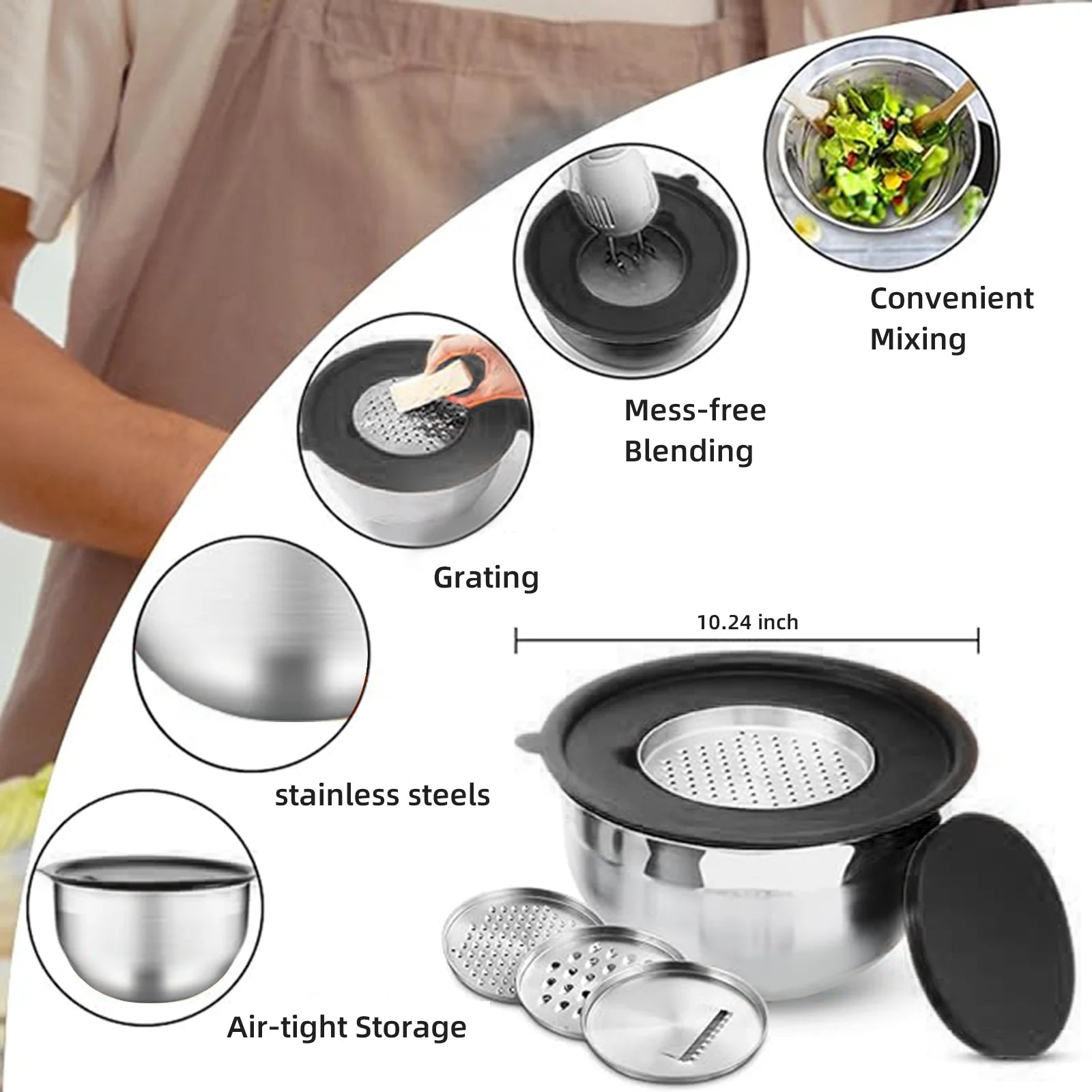 7 Pcs Mixing Bowls with Lids (5、4、3、2、1.5、1、0.75Q),21 Pcs Stainless Steel Mixing Bowls Set-Black