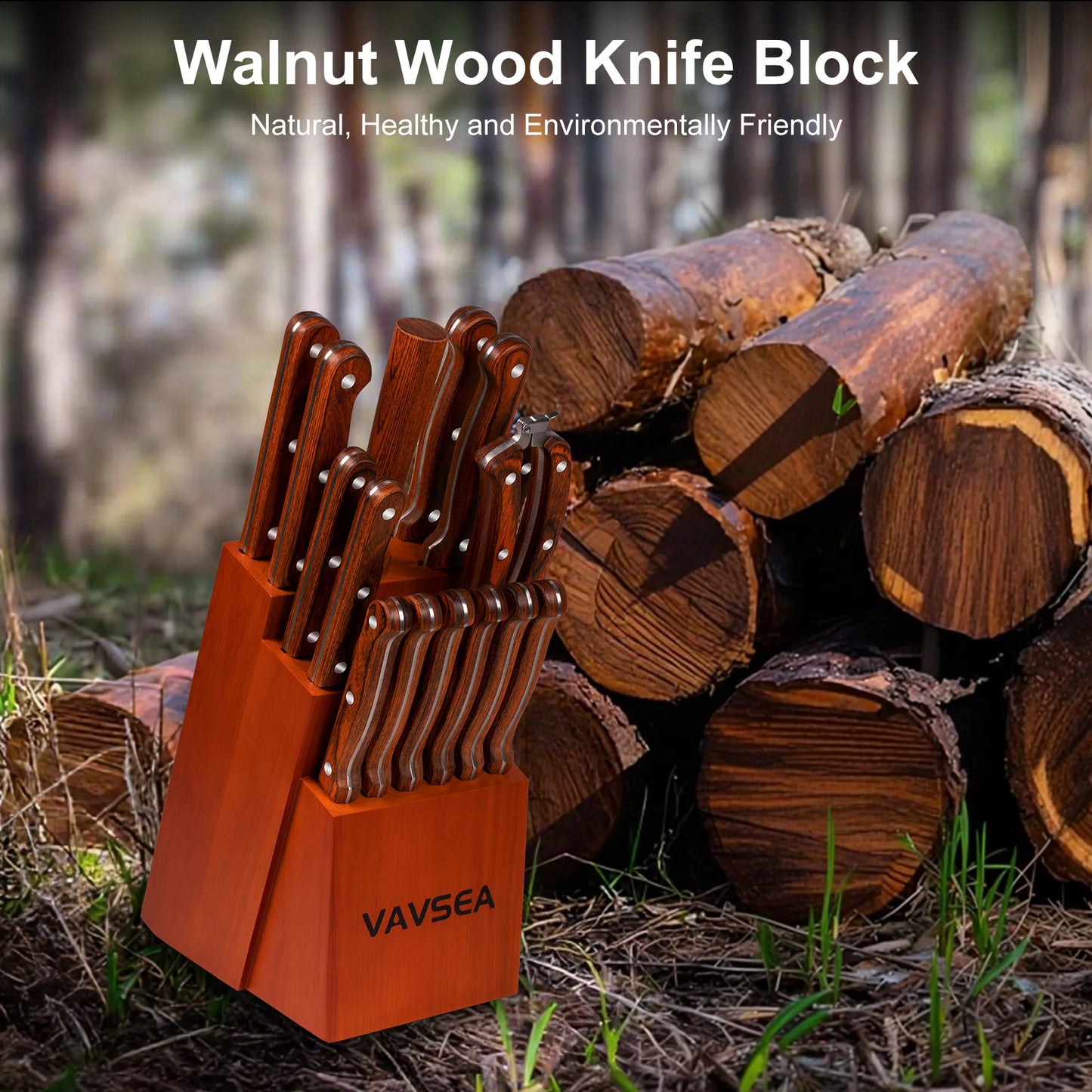 Knife Block Set, 16 Pieces Kitchen Knife Set with Block Walnut, Stainless Steel Knife Set for Gift, Home