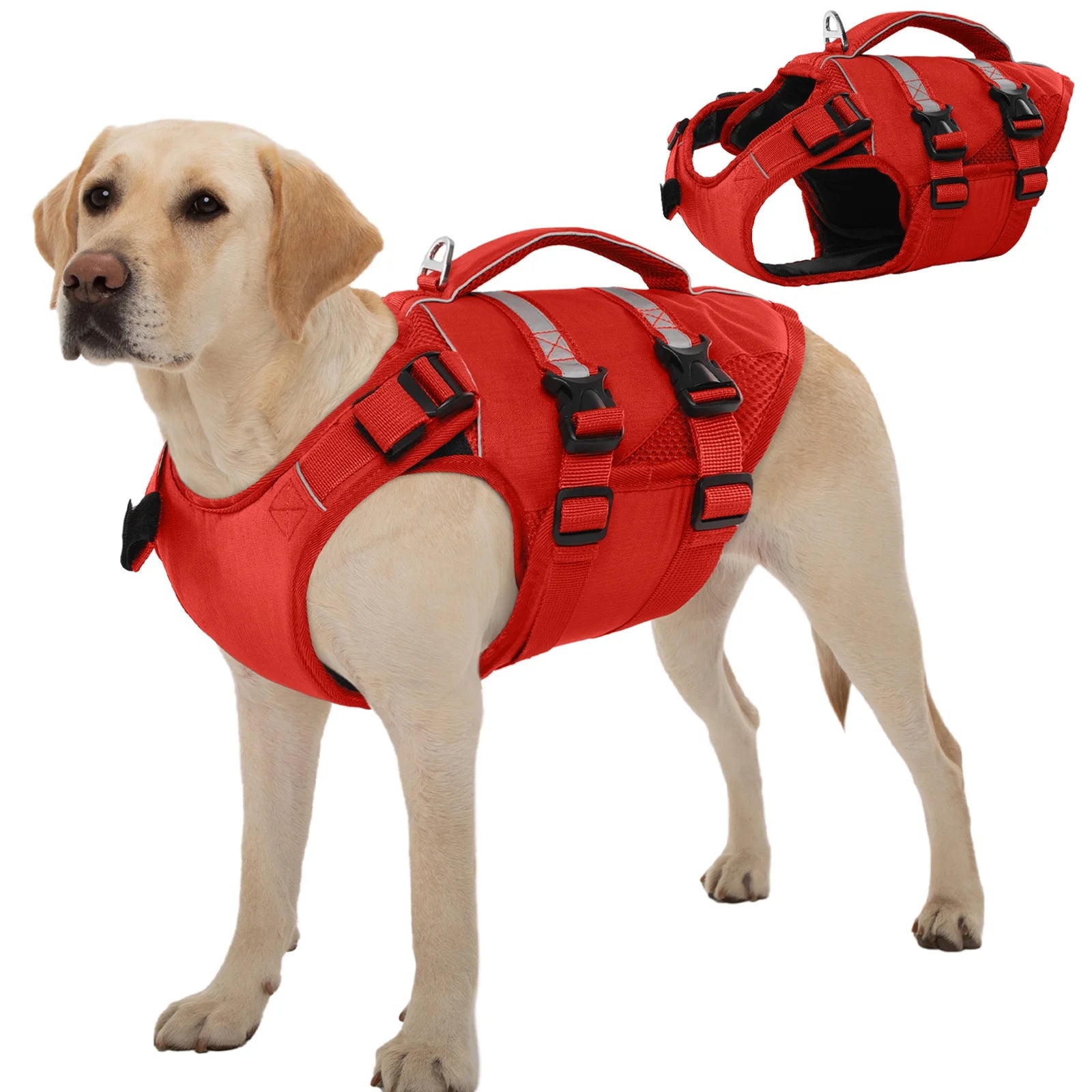 High-Floatation Dog Life Jacket for Swimming and Boating, Red, Size L