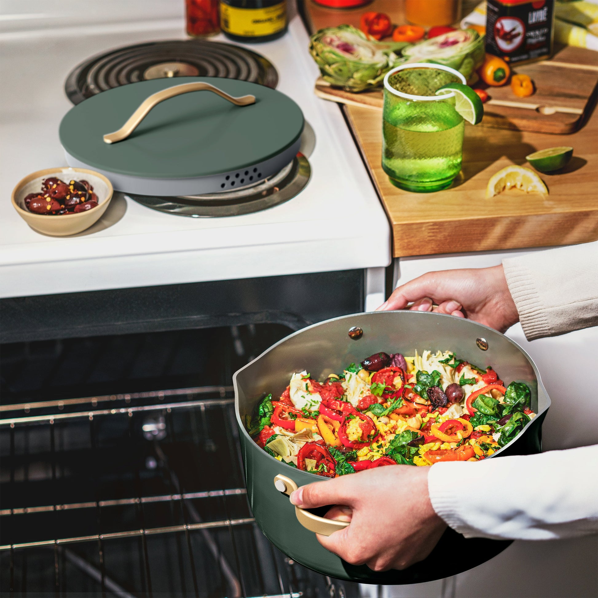 12Pc Ceramic Non-Stick Cookware Set, Pots and Pans with Strainer Lids, Thyme Green by Drew Barrymore